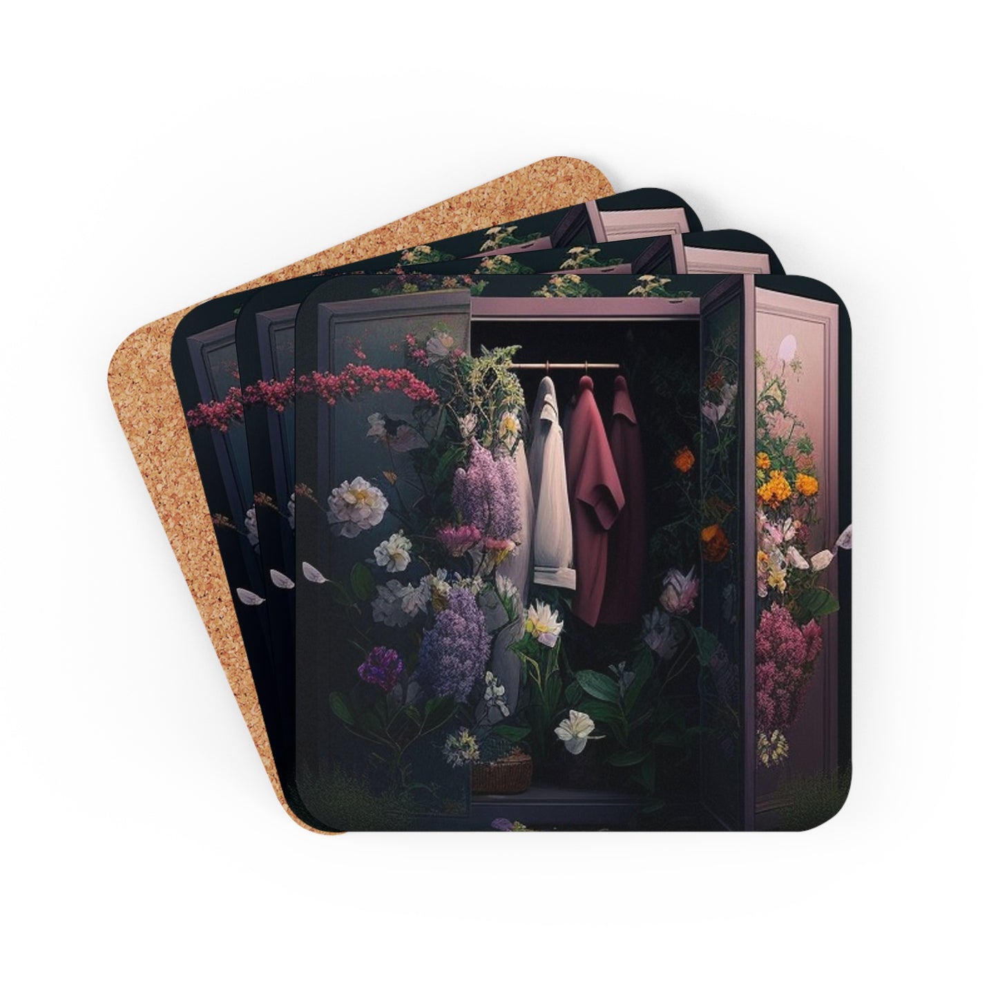 Corkwood Coaster Set A Wardrobe Surrounded by Flowers 2