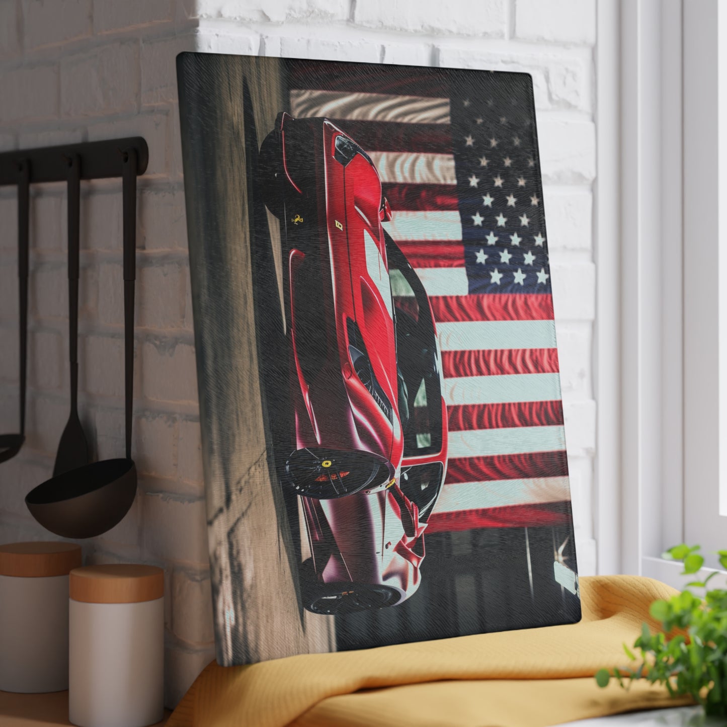 Glass Cutting Board American Flag Background Ferrari 3