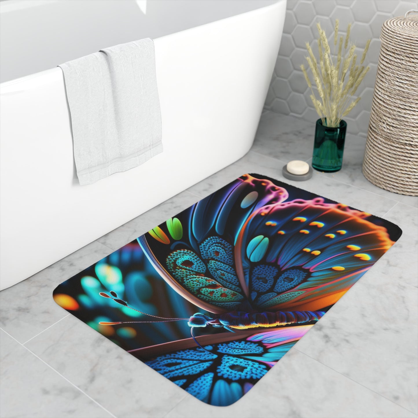 Memory Foam Bath Mat Neon Butterfly Macro 2