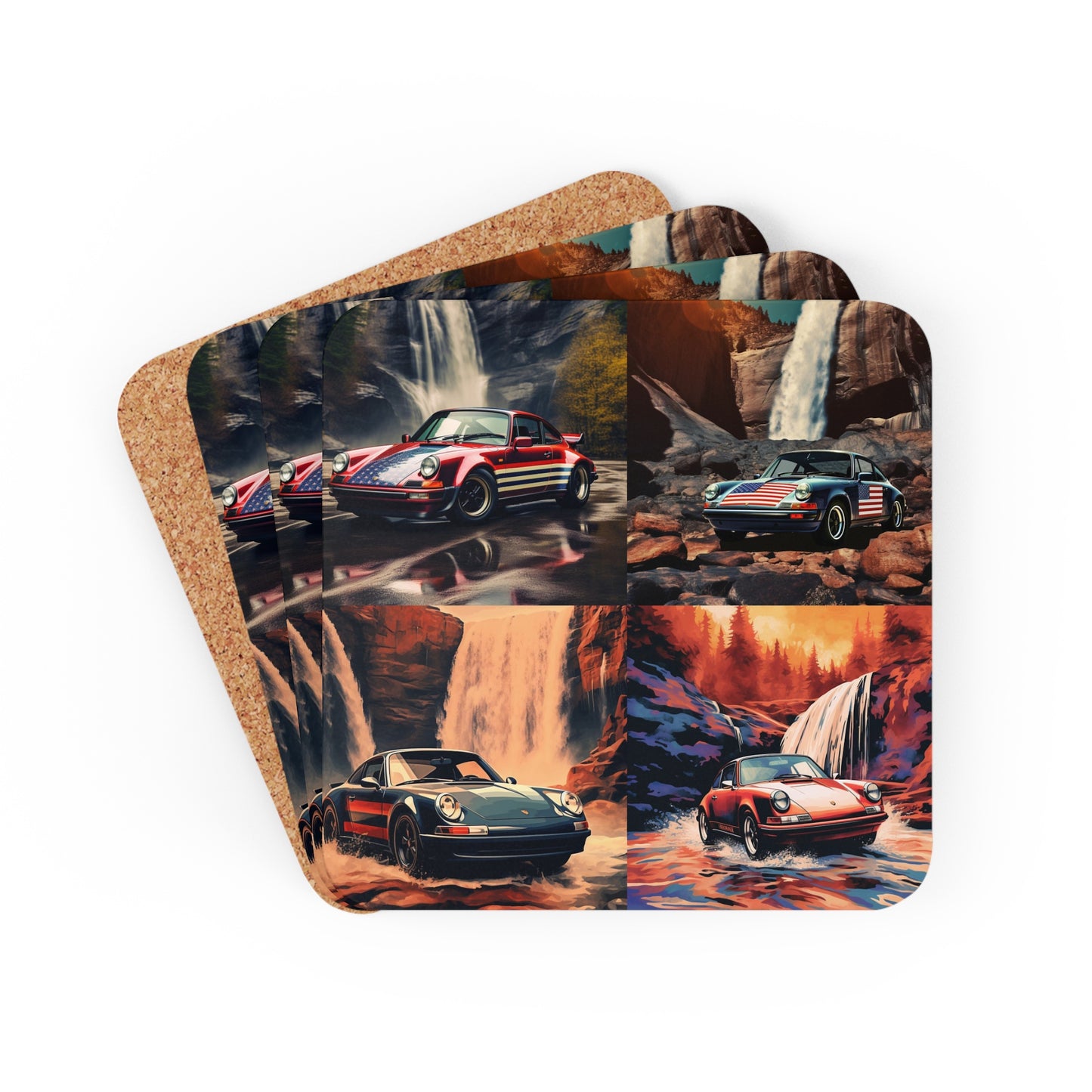 Corkwood Coaster Set American Flag Porsche Abstract 5