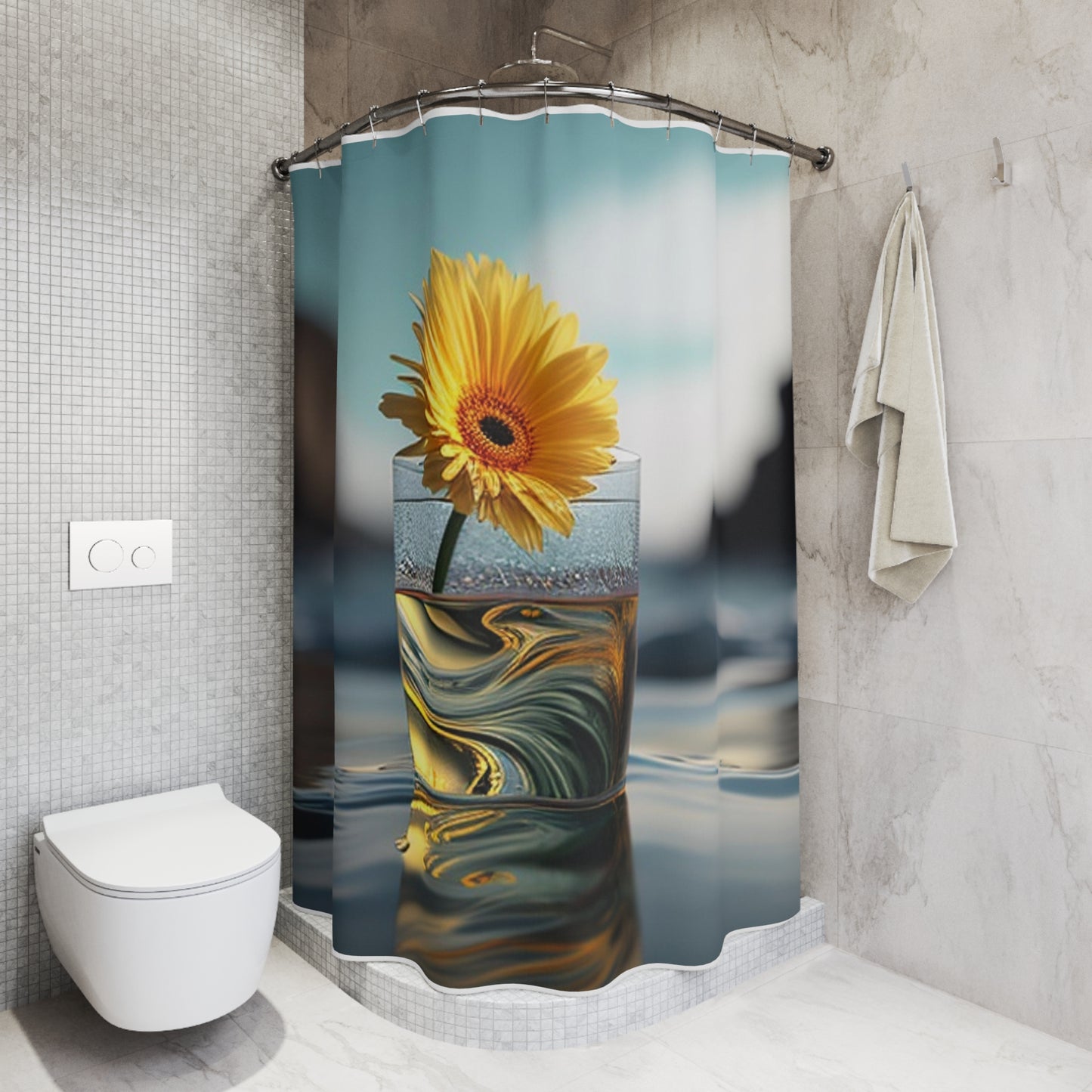 Polyester Shower Curtain yello Gerbera glass 2