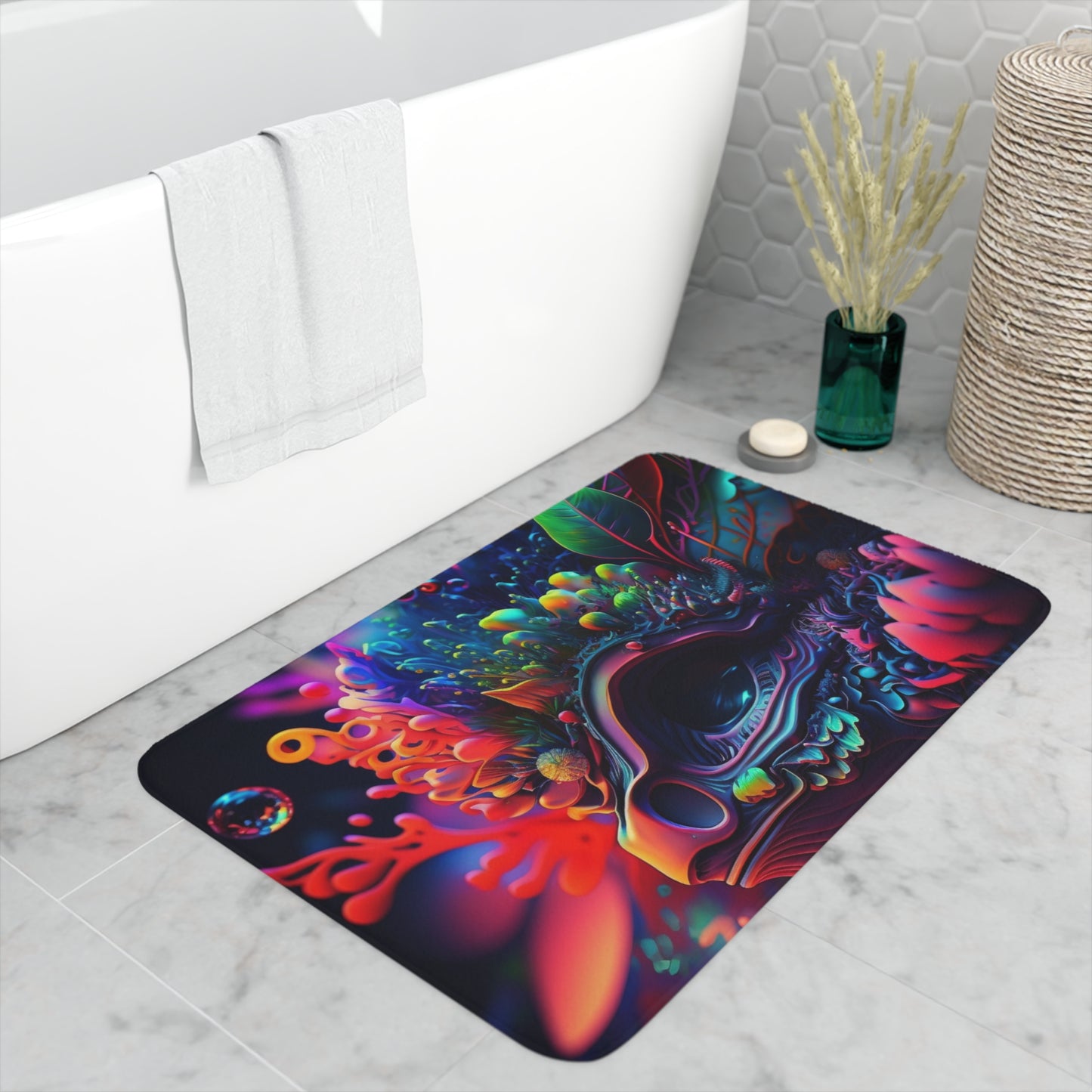 Memory Foam Bath Mat Florescent Skull Death 2