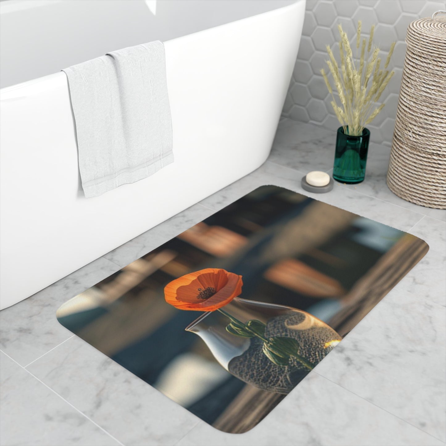 Memory Foam Bath Mat Orange Poppy in a Vase 4