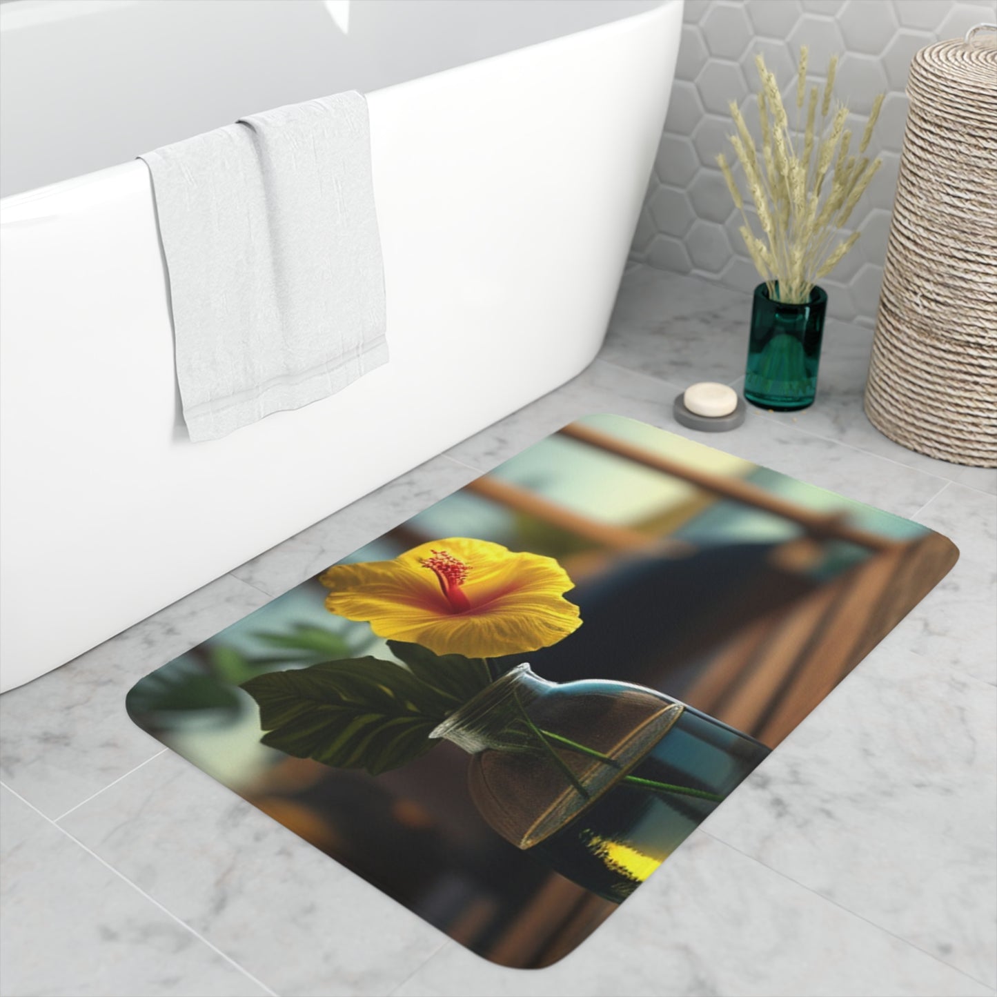 Memory Foam Bath Mat Yellow Hibiscus Wood 2