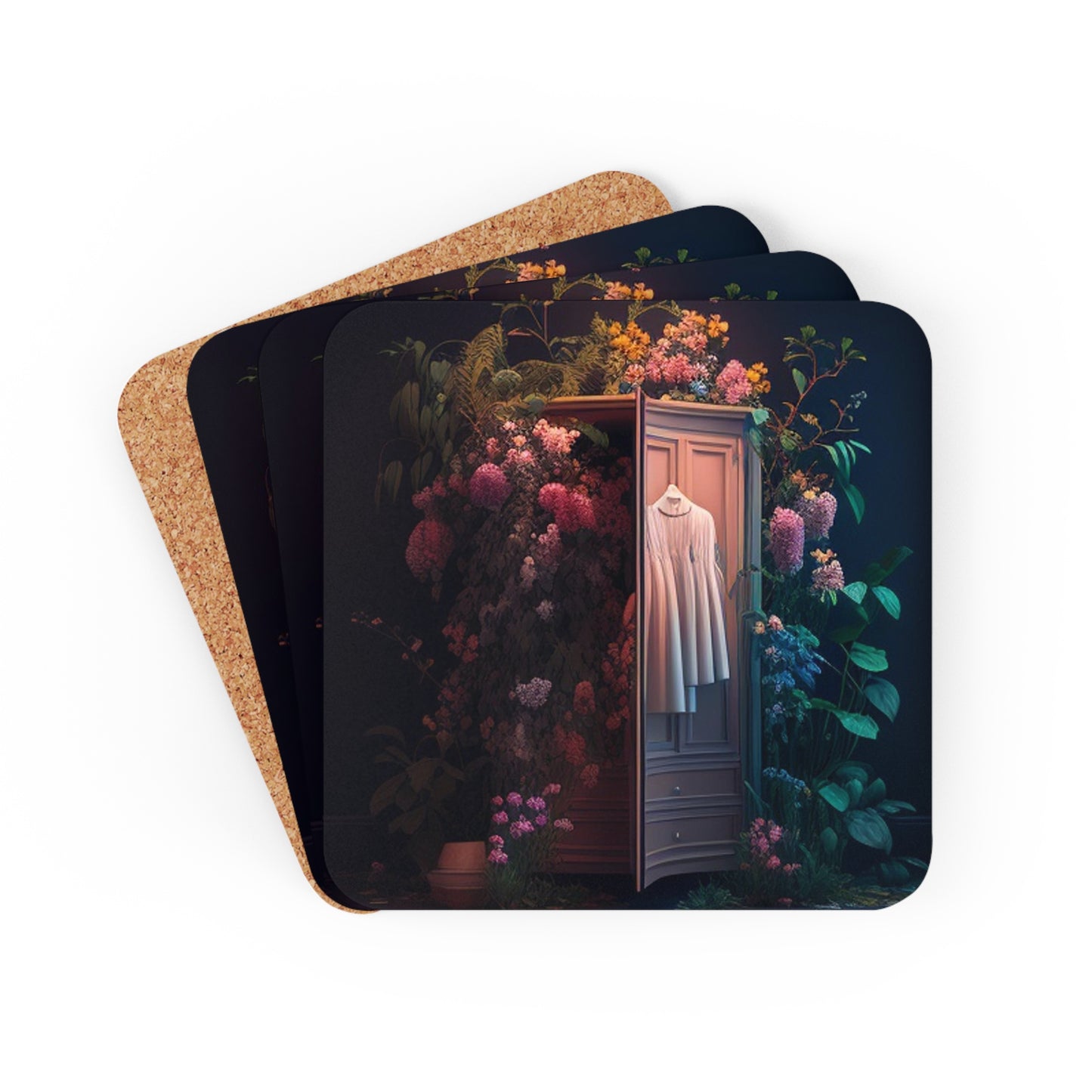 Corkwood Coaster Set A Wardrobe Surrounded by Flowers 3