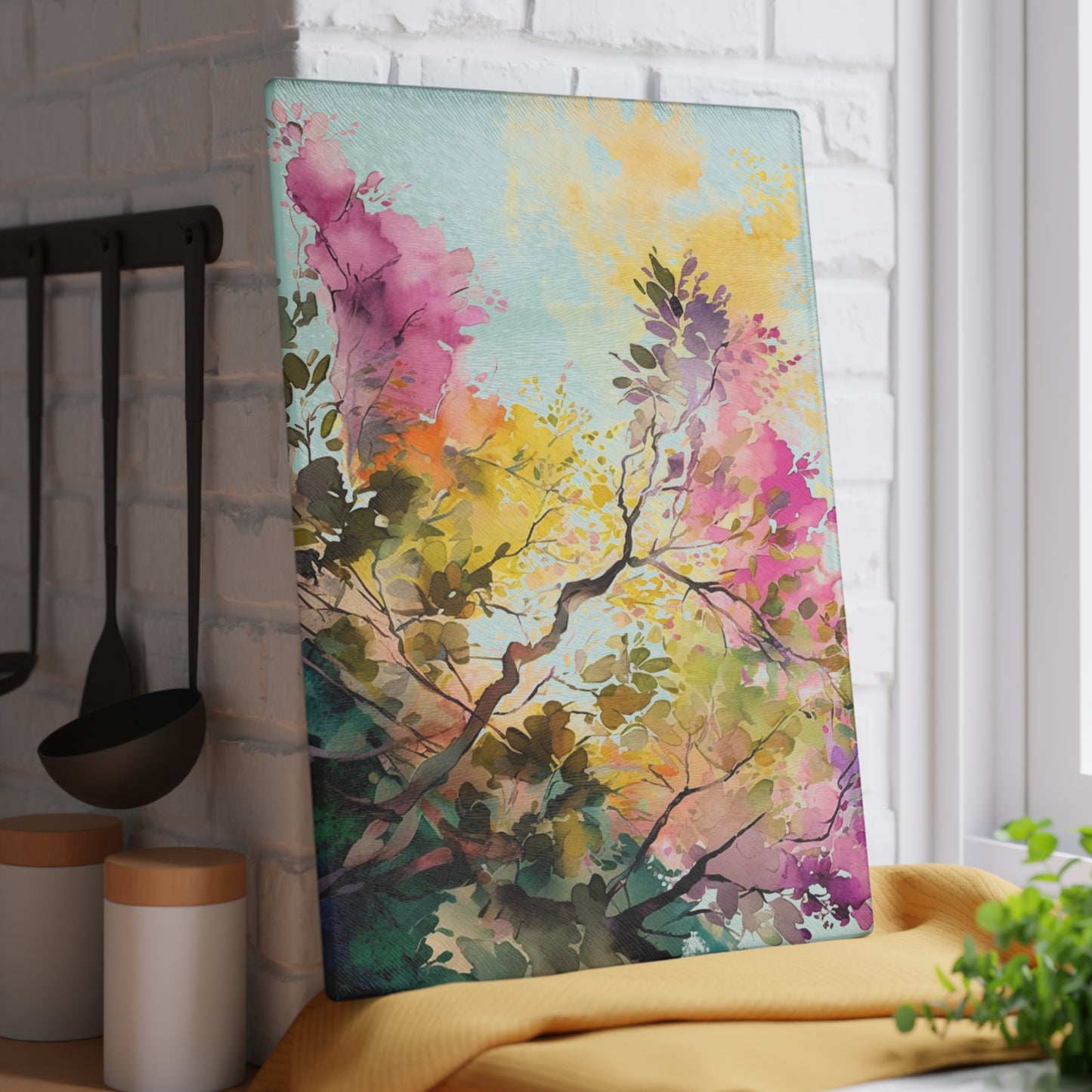 Glass Cutting Board Mother Nature Bright Spring Colors Realistic Watercolor 2