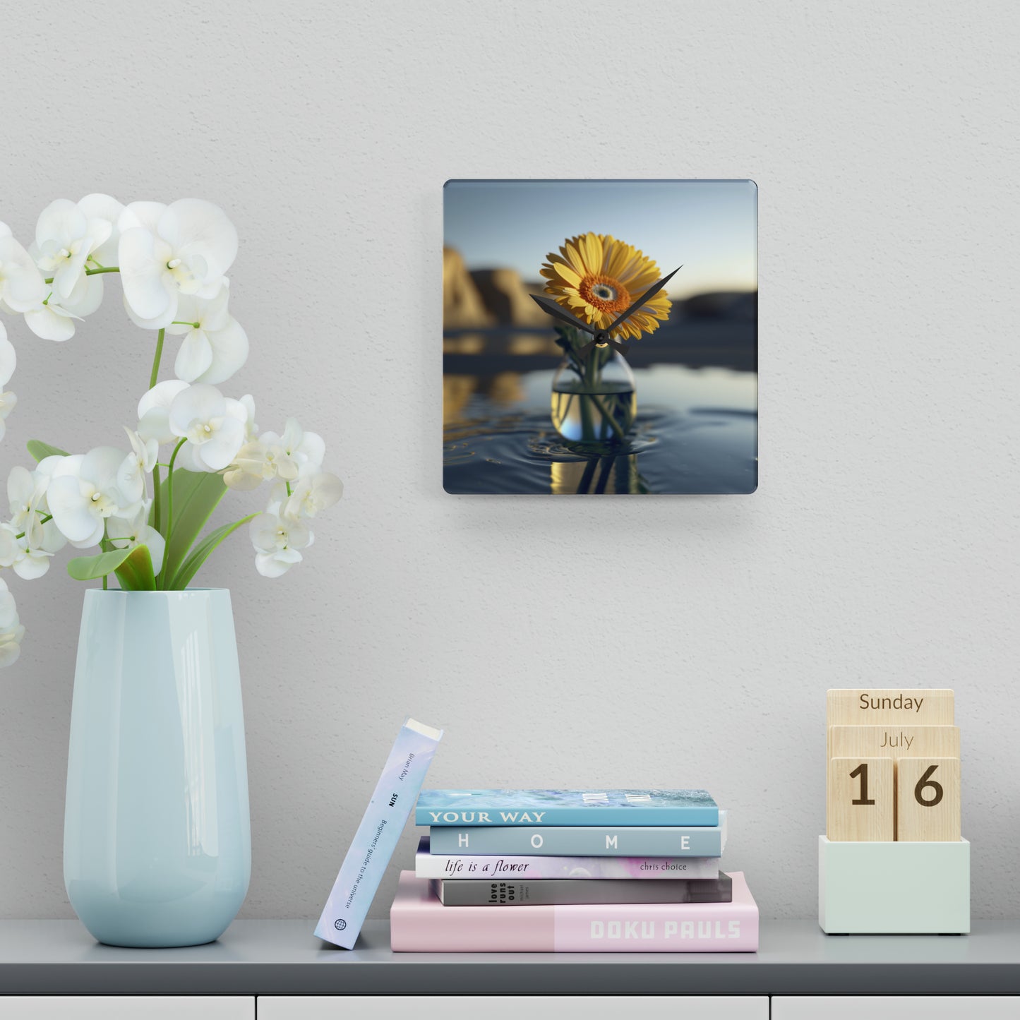 Acrylic Wall Clock yello Gerbera glass 4
