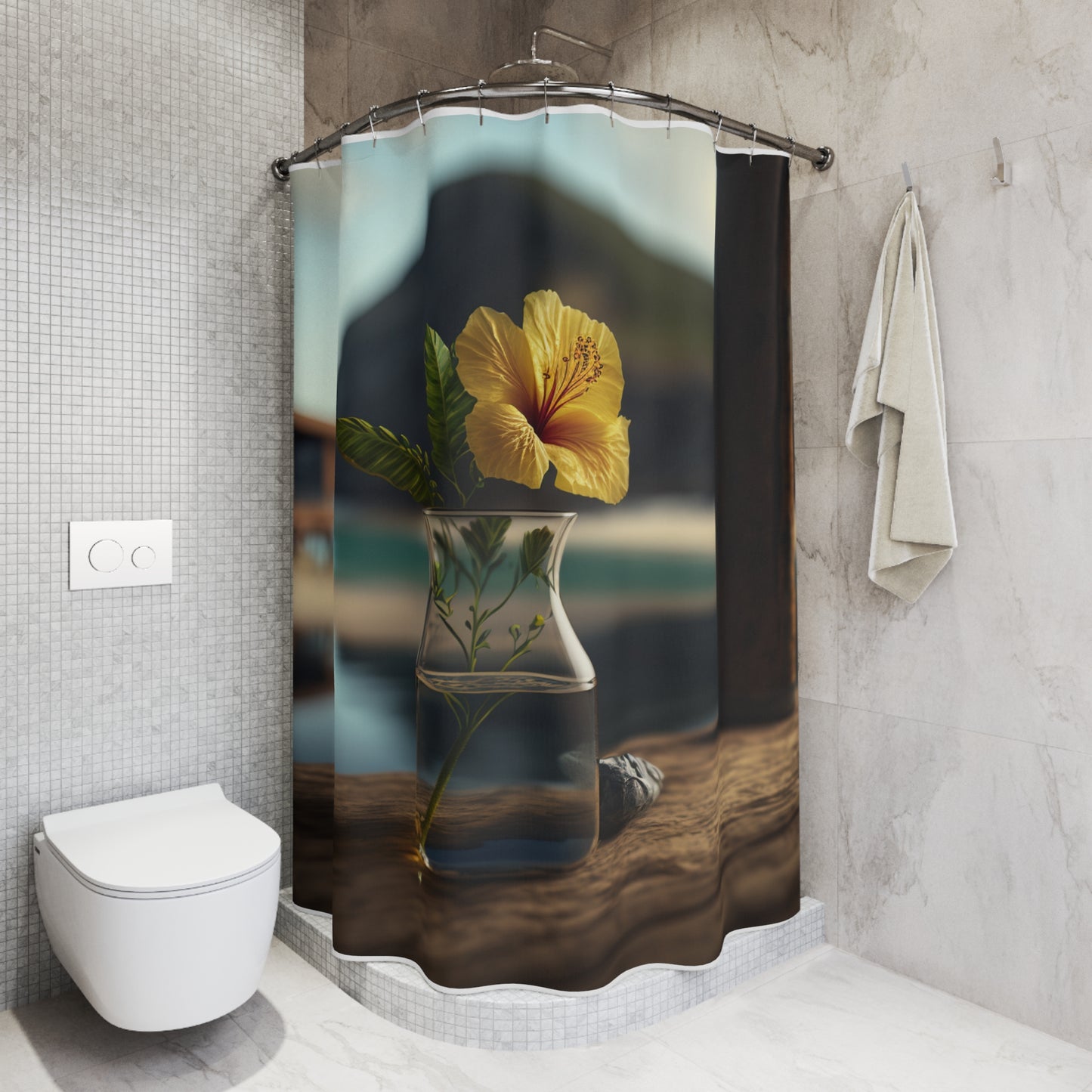 Polyester Shower Curtain Yellow Hibiscus Wood 4