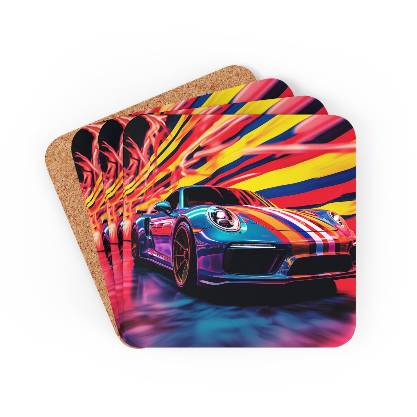 Corkwood Coaster Set Macro American Flag Porsche 2