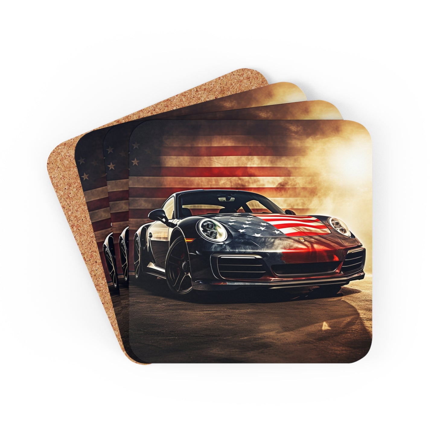 Corkwood Coaster Set Abstract American Flag Background Porsche 1