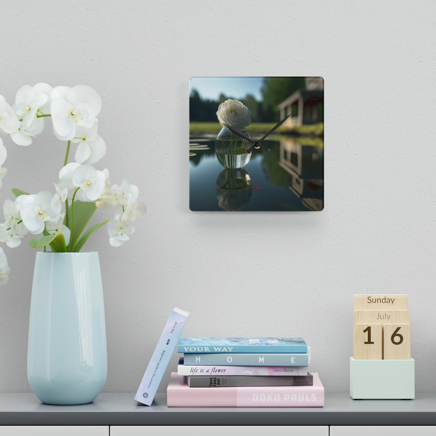 Acrylic Wall Clock White Peony glass vase 1