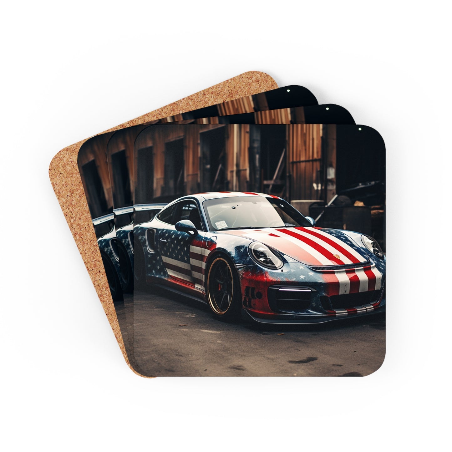 Corkwood Coaster Set American Flag Porsche 3