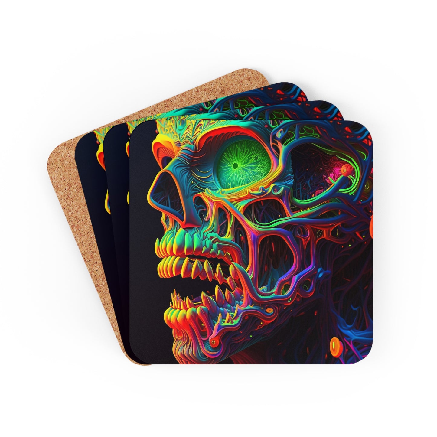 Corkwood Coaster Set Florescent Skull Death 1