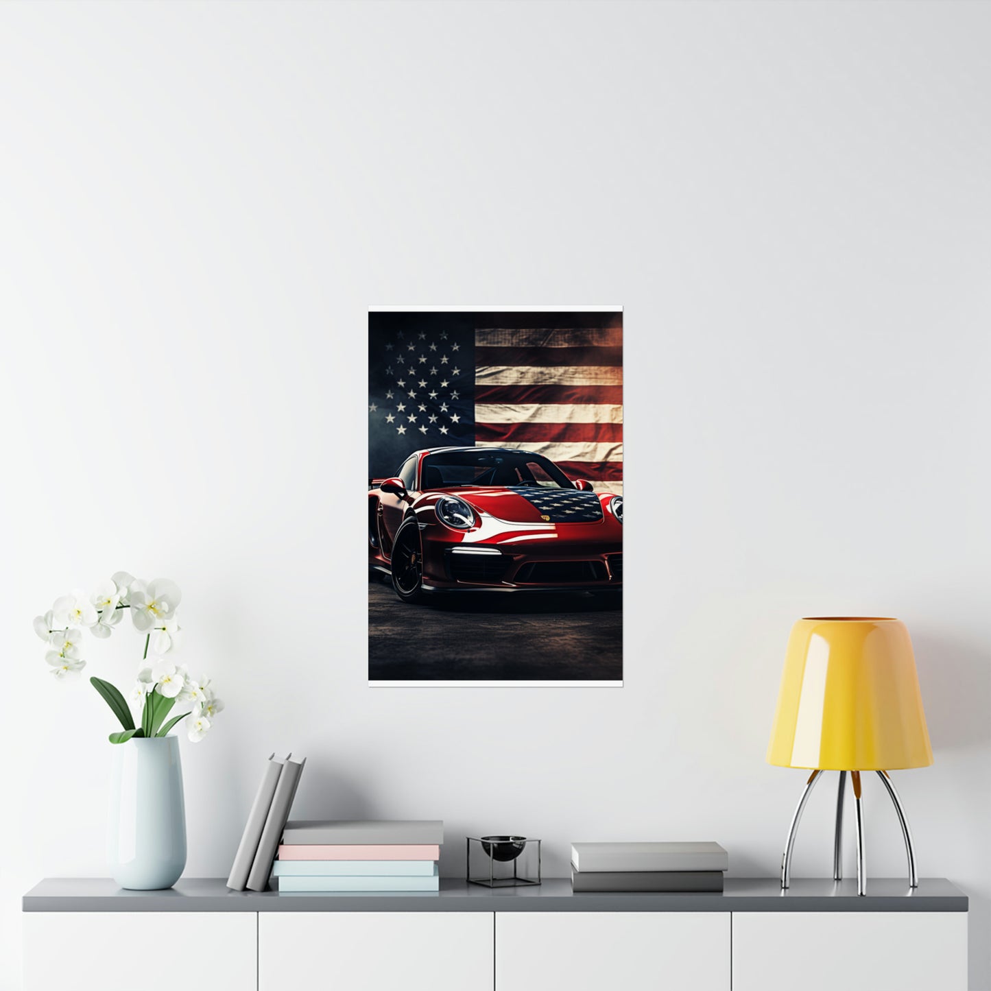 Premium Matte Vertical Posters American Flag Background Porsche 2