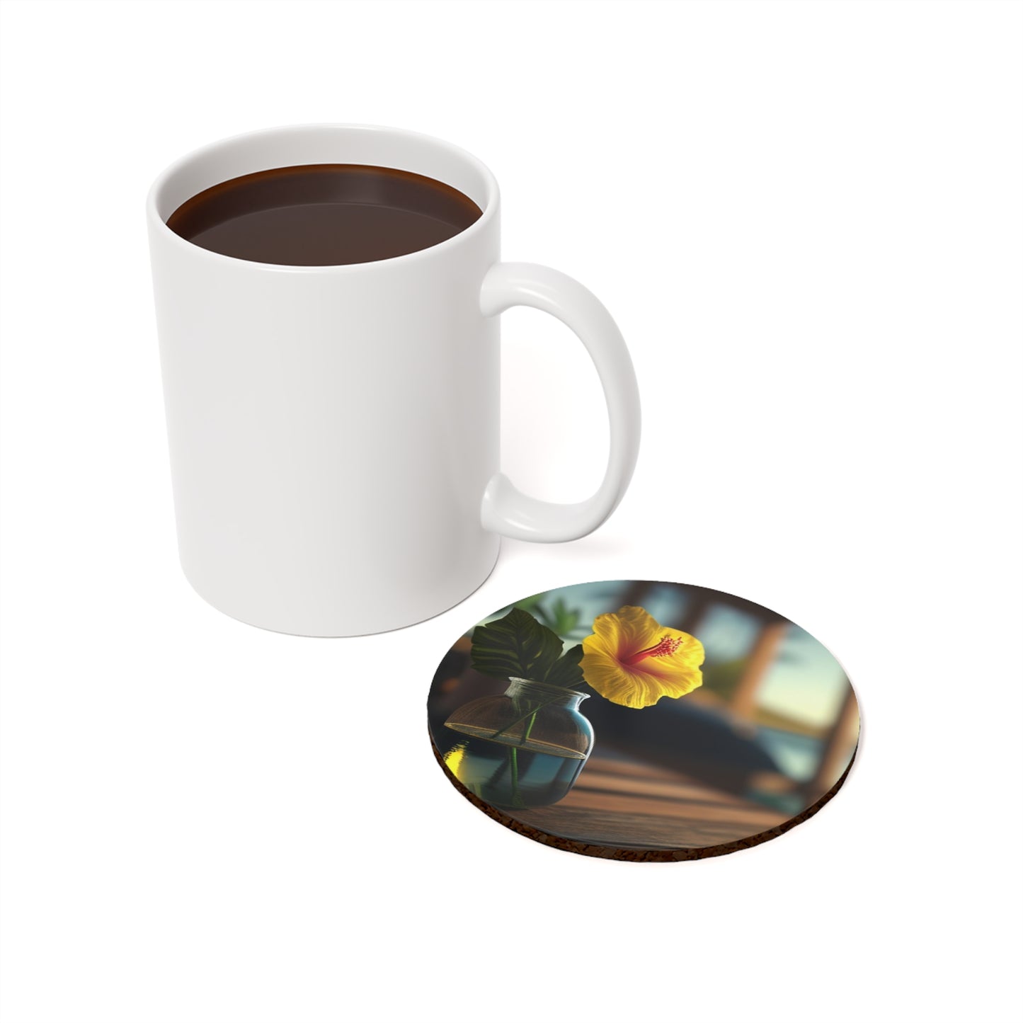 Cork Back Coaster Yellow Hibiscus Wood 2