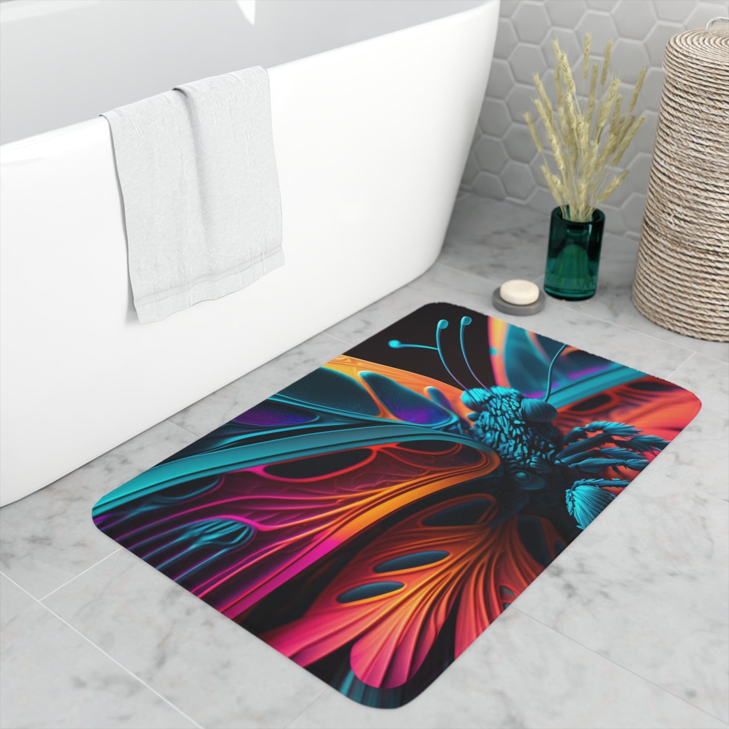 Memory Foam Bath Mat Neon Butterfly Macro 4