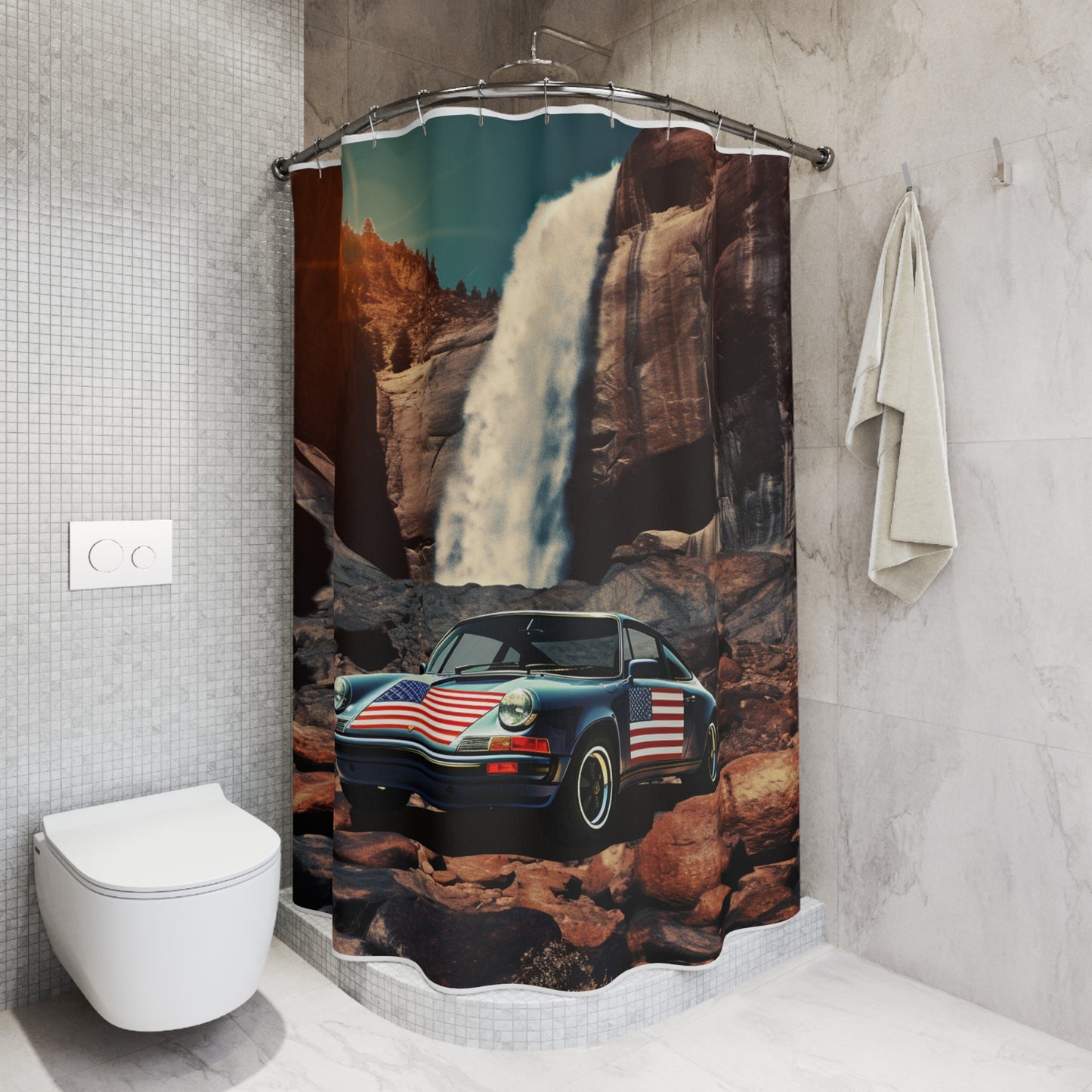 Polyester Shower Curtain American Flag Porsche Abstract 2