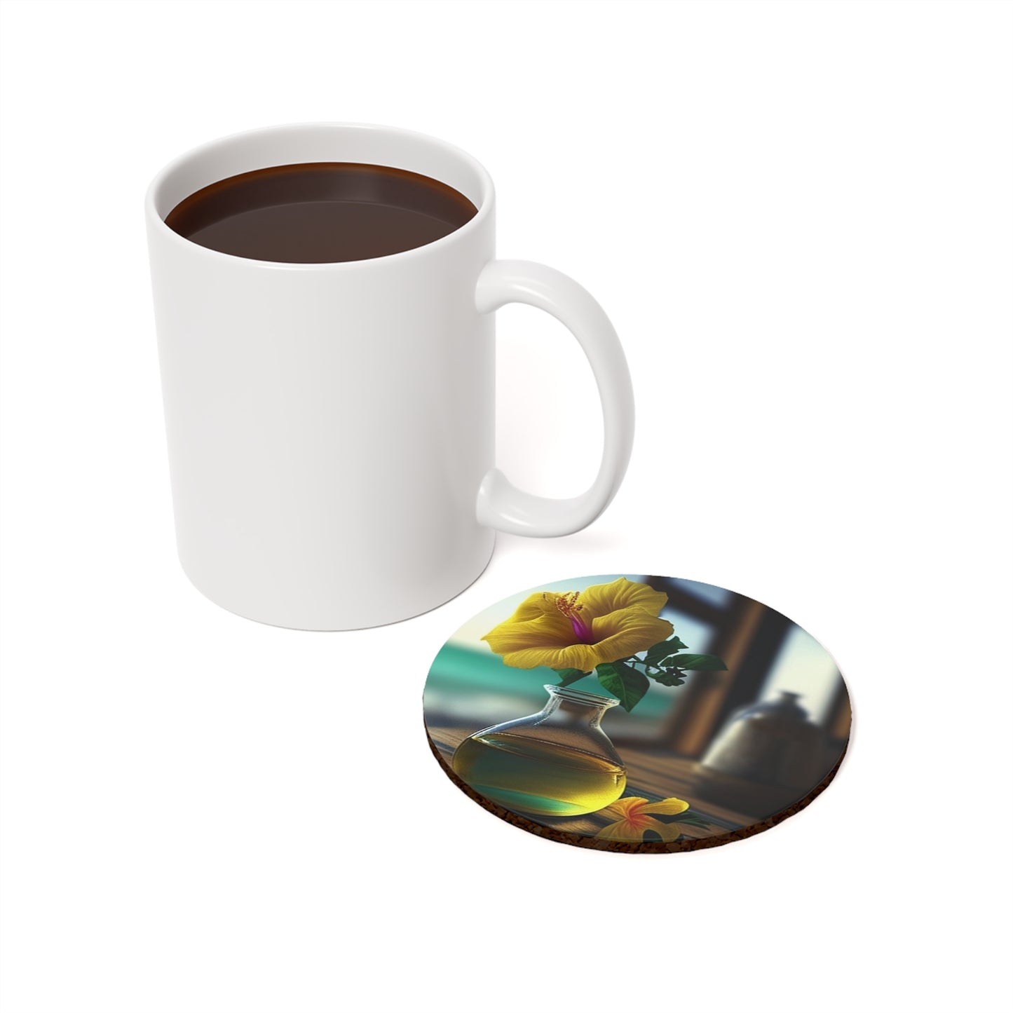 Cork Back Coaster Yellow Hibiscus Wood 1