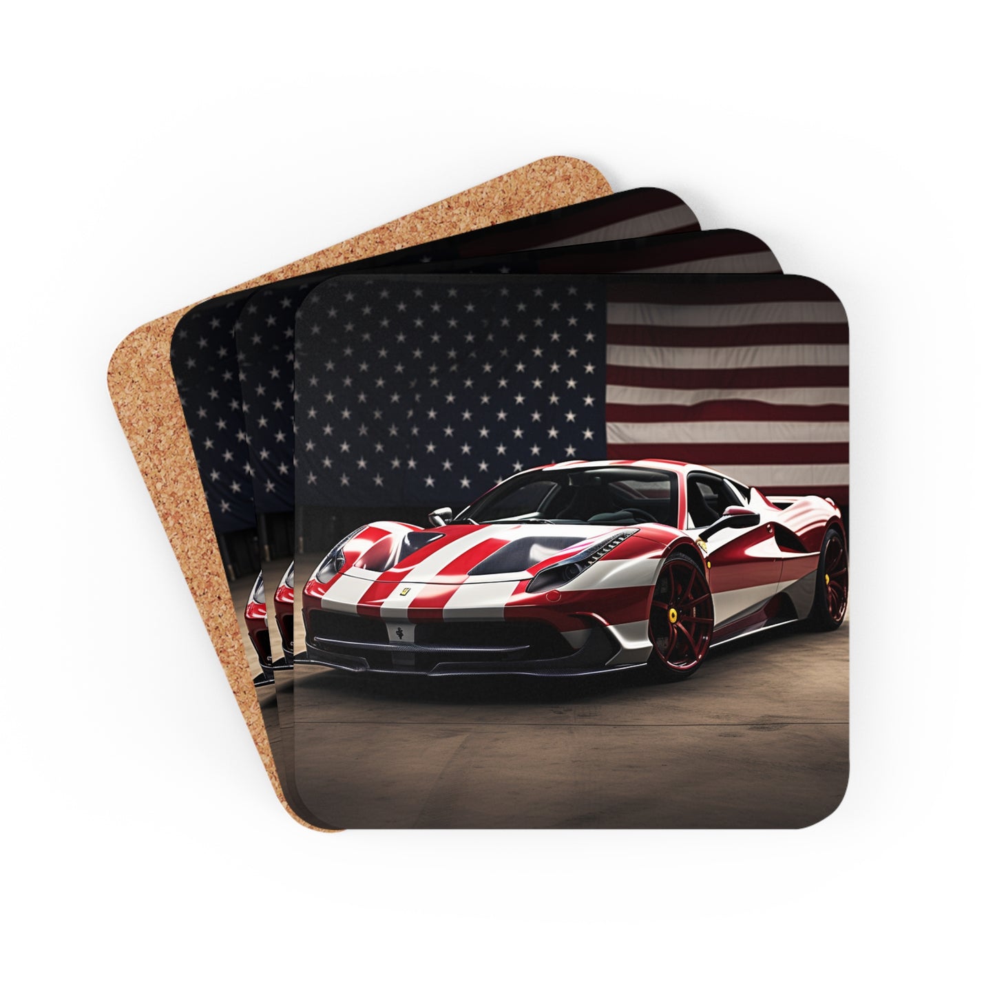 Corkwood Coaster Set American Flag Background Ferrari 2