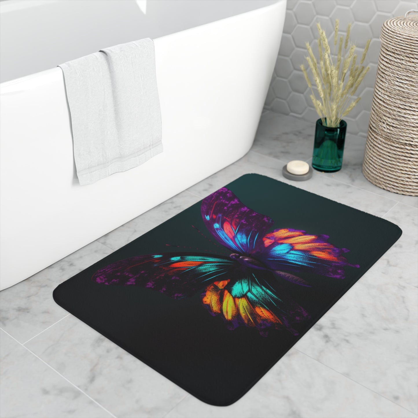 Memory Foam Bath Mat Hyper Colorful Butterfly Purple 1