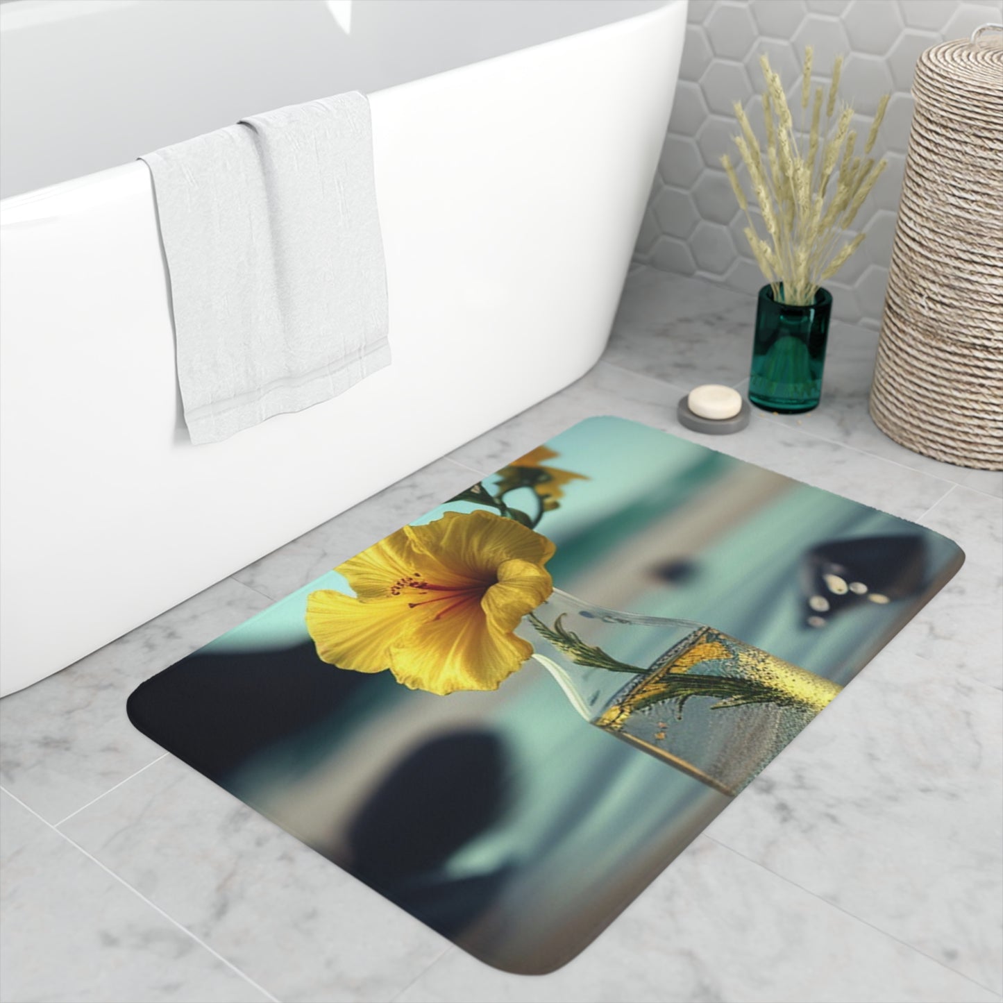 Memory Foam Bath Mat Yellow Hibiscus glass 3