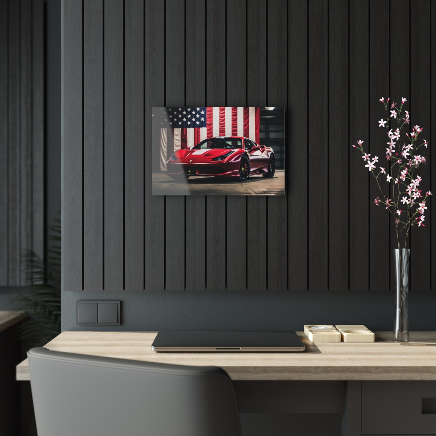 Acrylic Prints American Flag Background Ferrari 3
