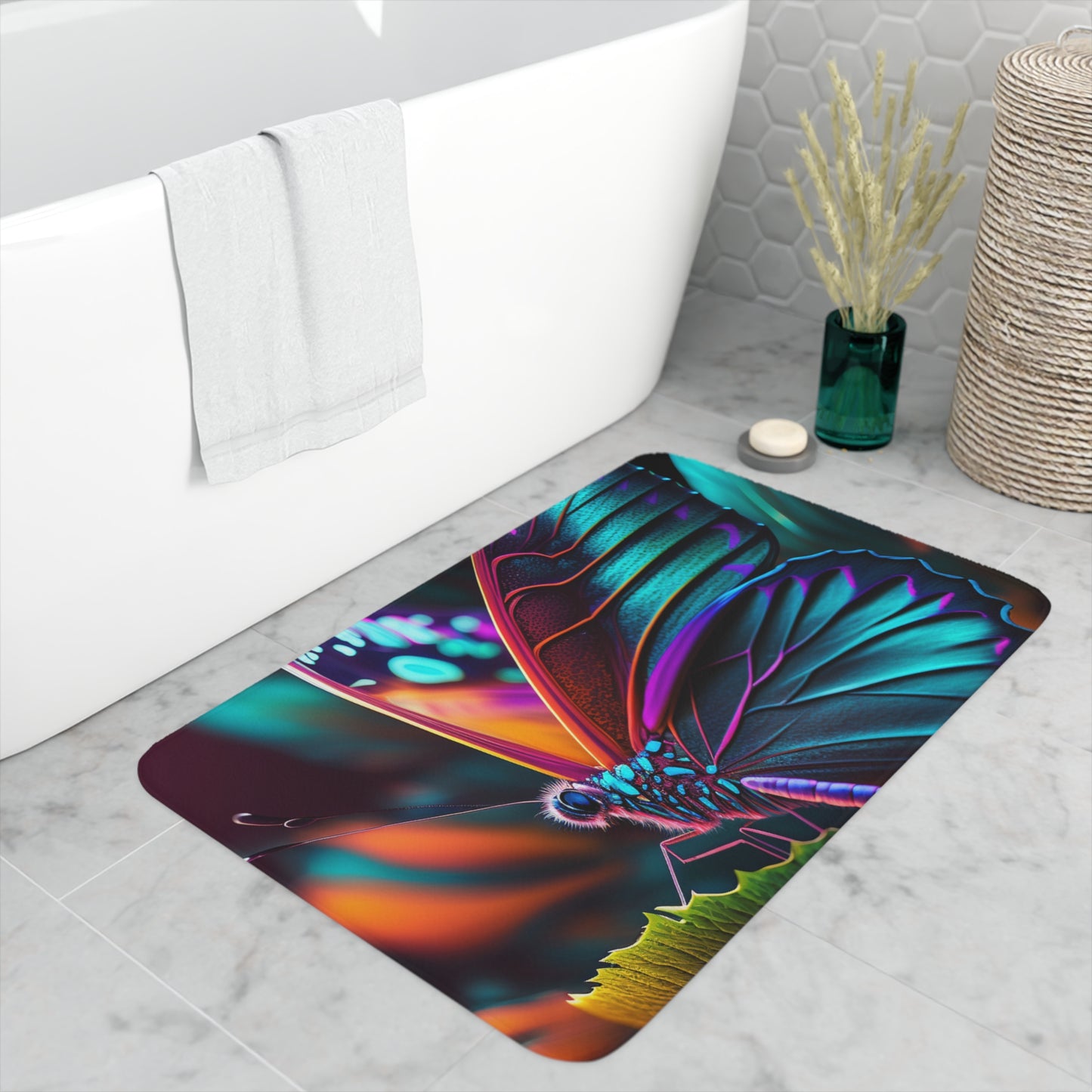 Memory Foam Bath Mat Neon Butterfly Macro 1