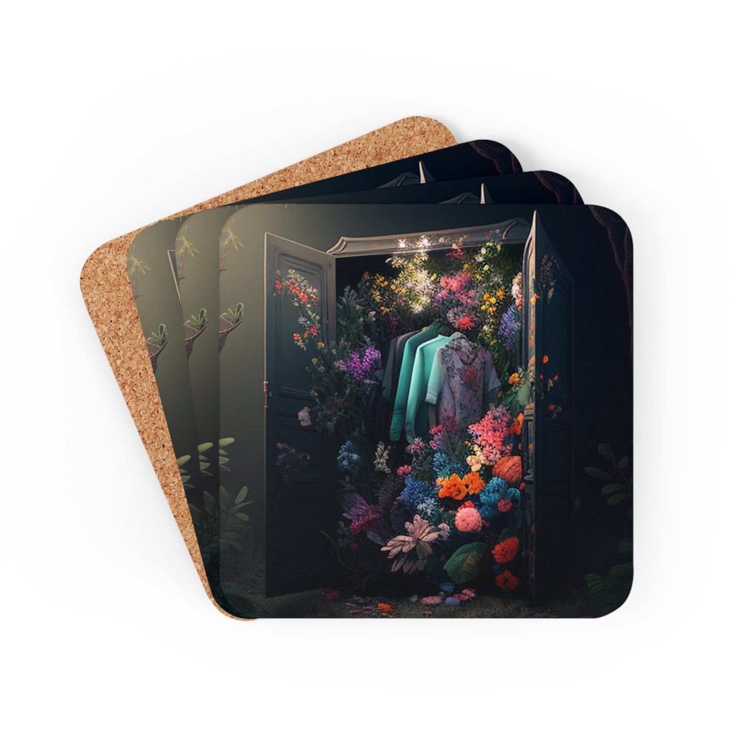 Corkwood Coaster Set A Wardrobe Surrounded by Flowers 1