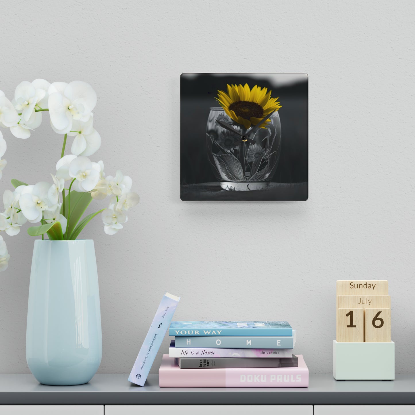 Acrylic Wall Clock Yellw Sunflower in a vase 1