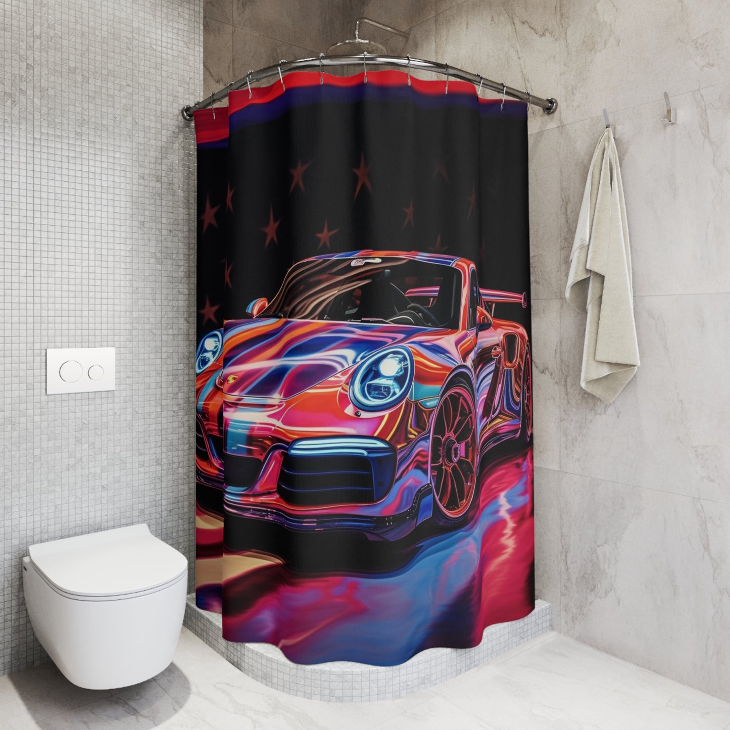 Polyester Shower Curtain American Flag Colored Porsche 3