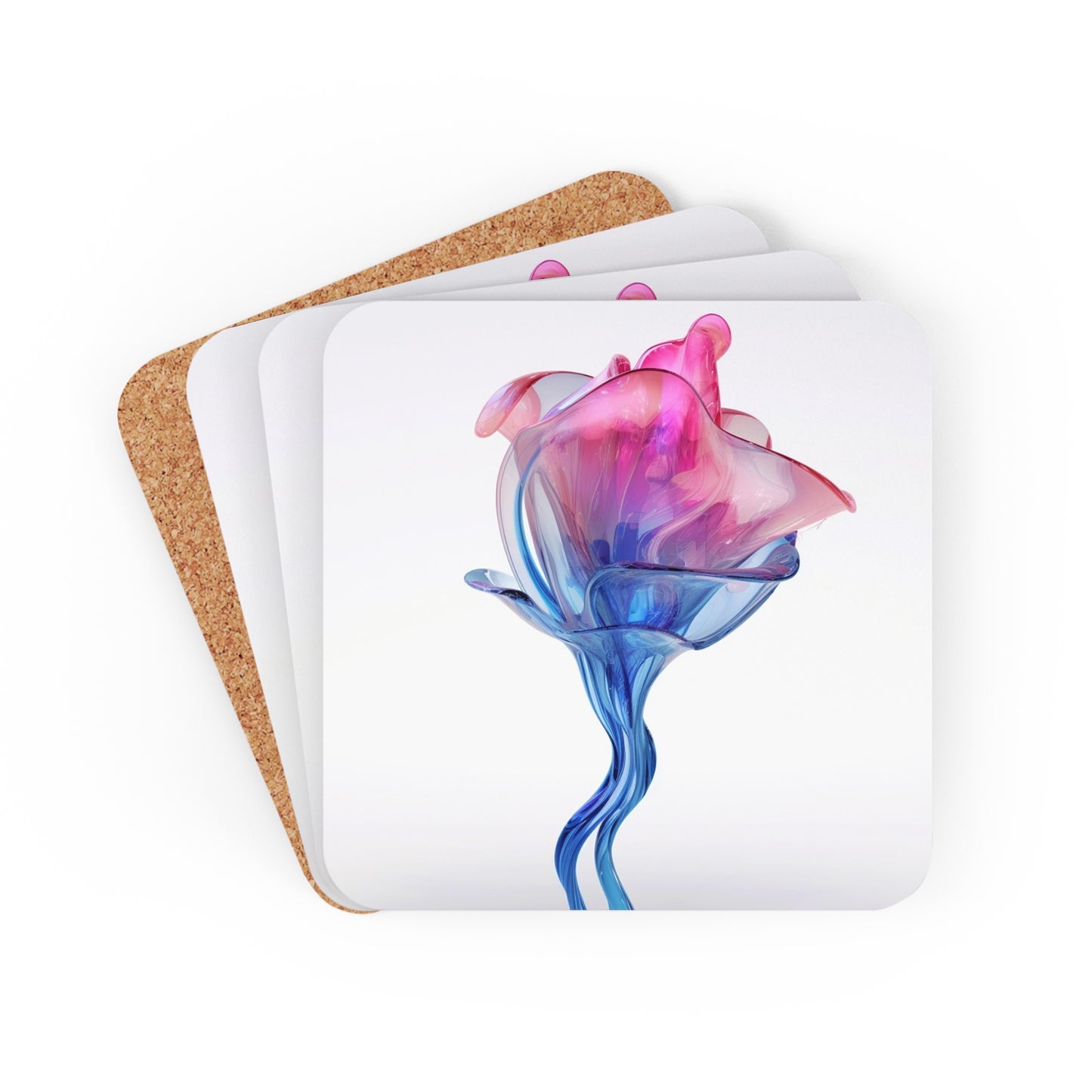 Corkwood Coaster Set Pink & Blue Tulip Rose 4