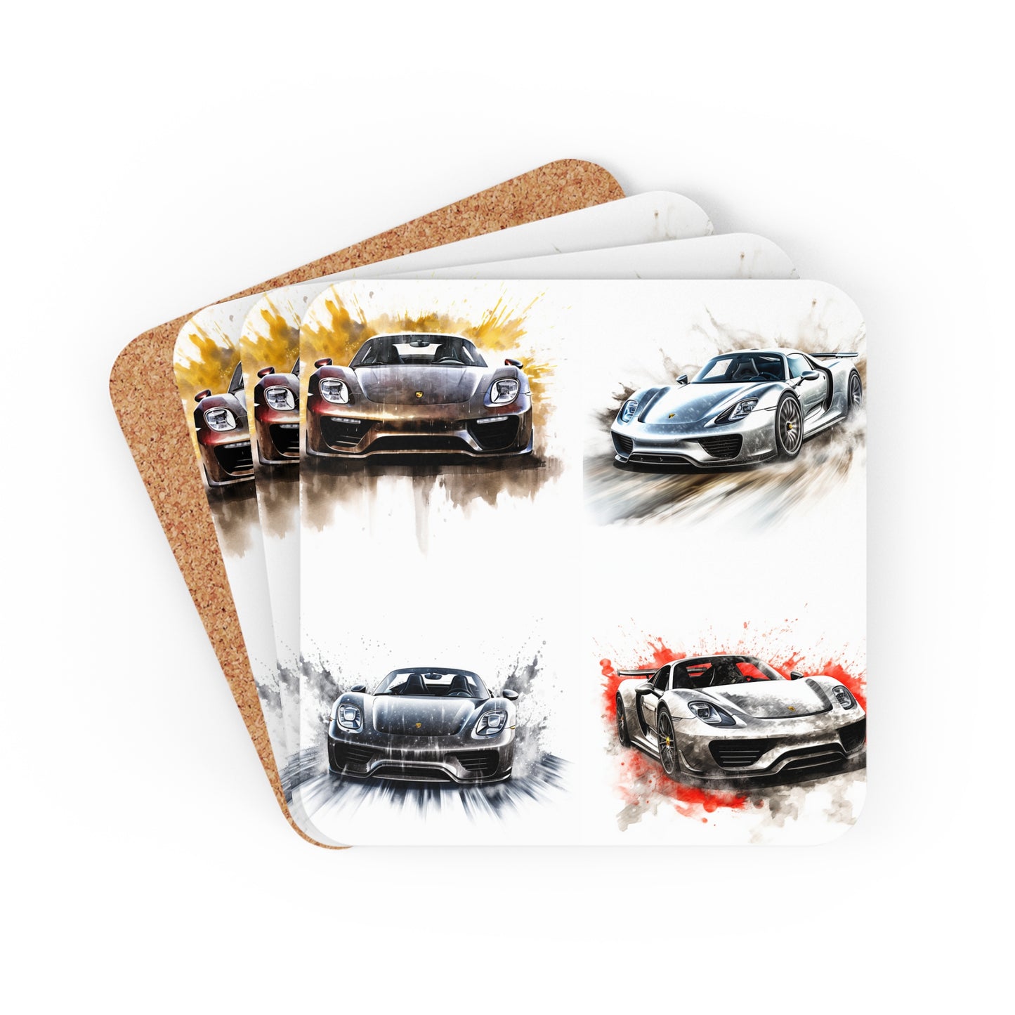 Corkwood Coaster Set 918 Spyder white background driving fast with water splashing 5