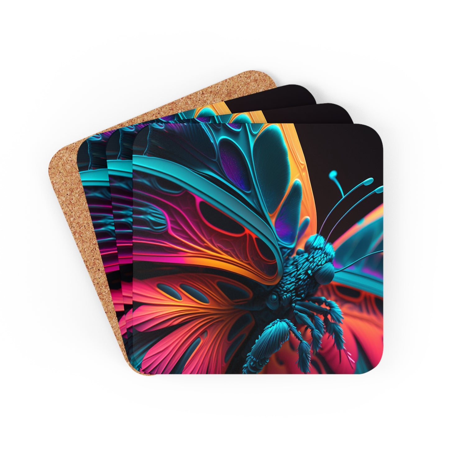 Corkwood Coaster Set Neon Butterfly Macro 4