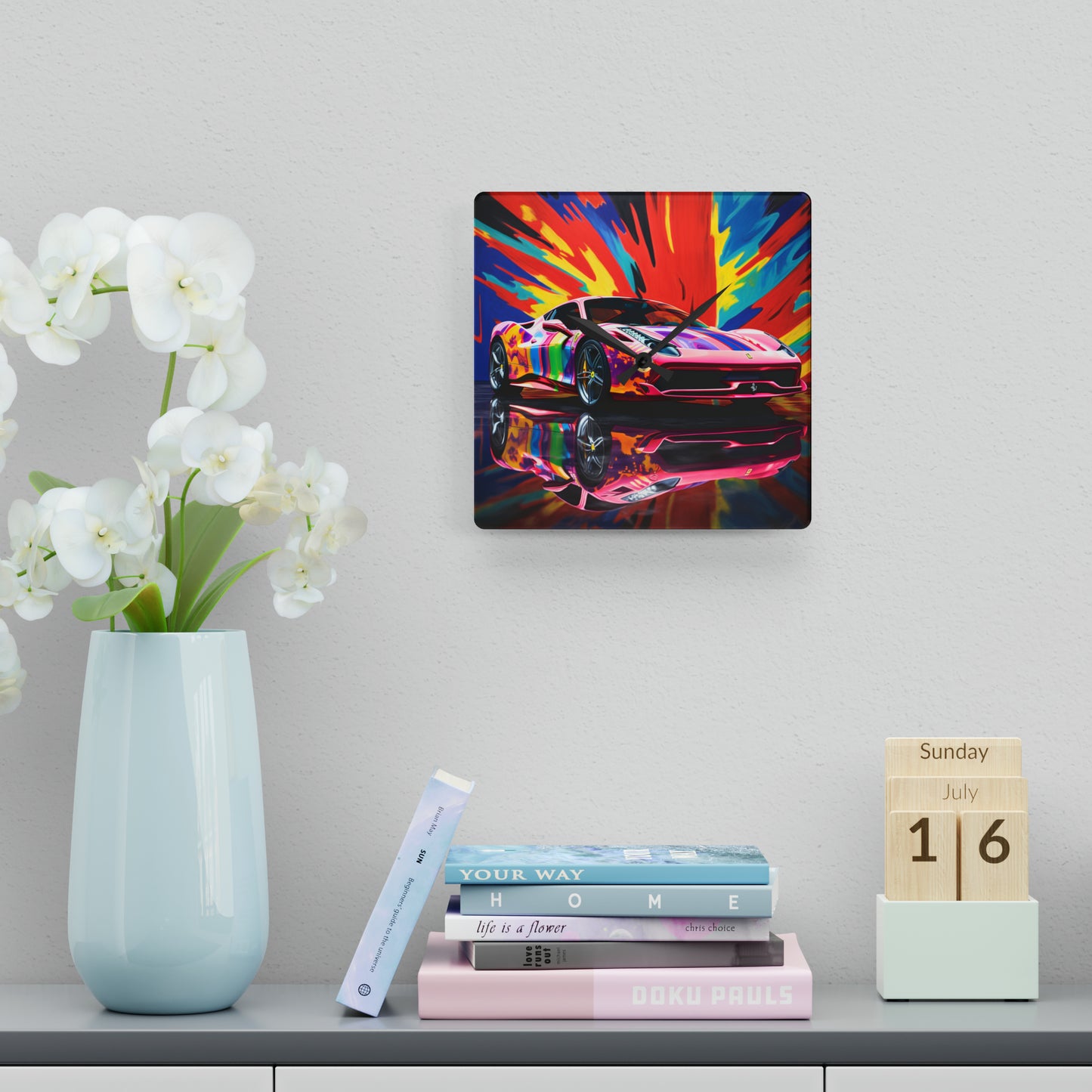 Acrylic Wall Clock Hyper Colorfull Ferrari 3