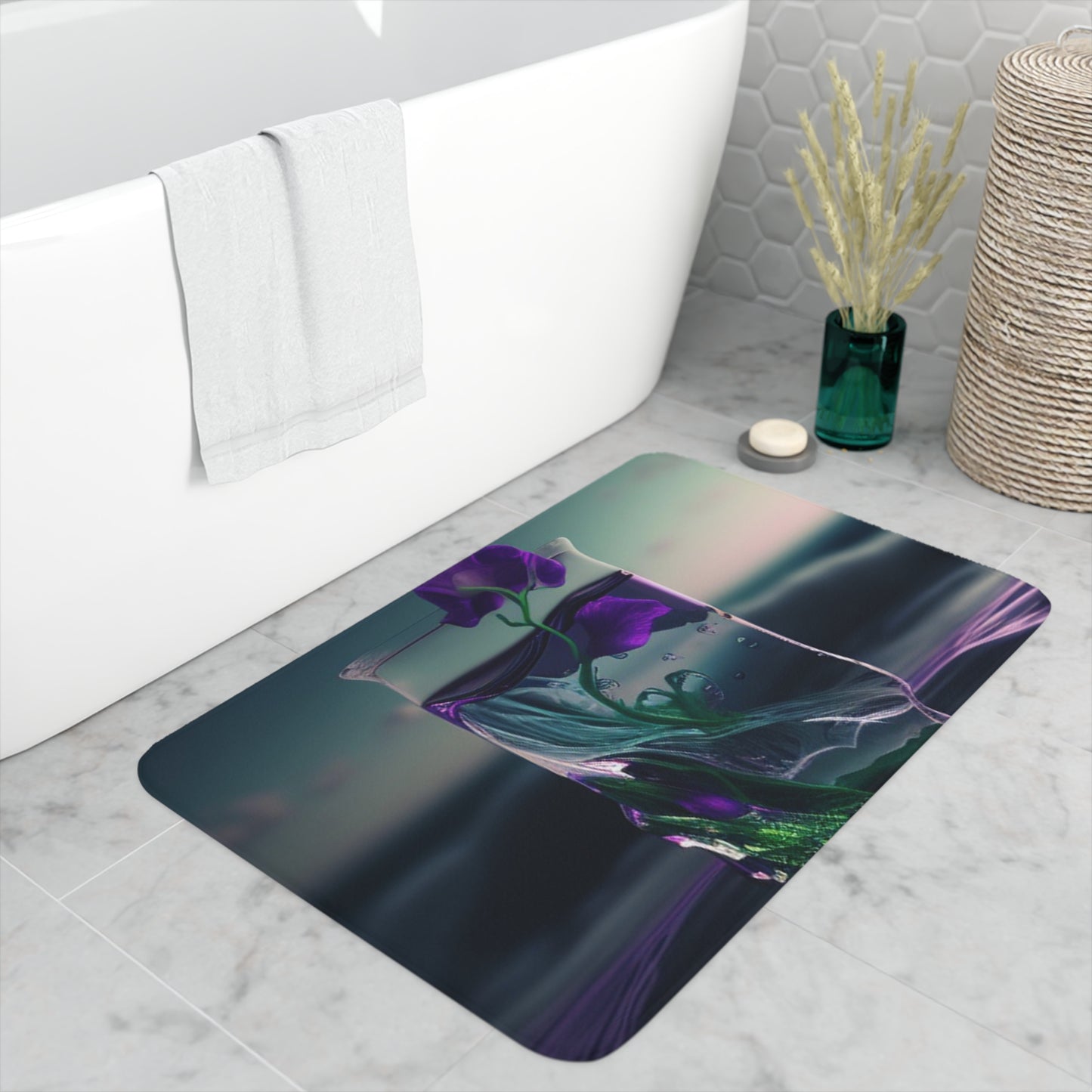 Memory Foam Bath Mat Purple Sweet pea in a vase 3