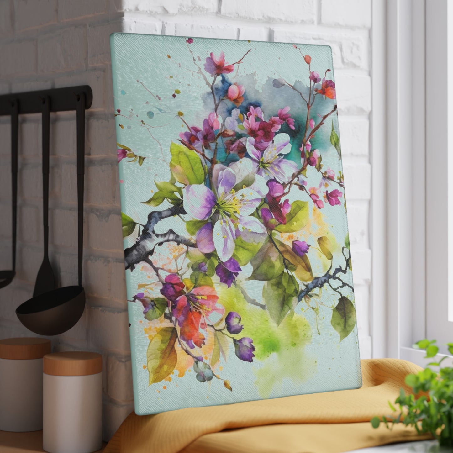 Glass Cutting Board Mother Nature Bright Spring Colors Realistic Watercolor 4