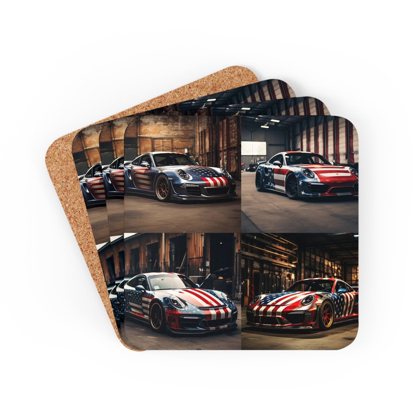 Corkwood Coaster Set American Flag Porsche 5