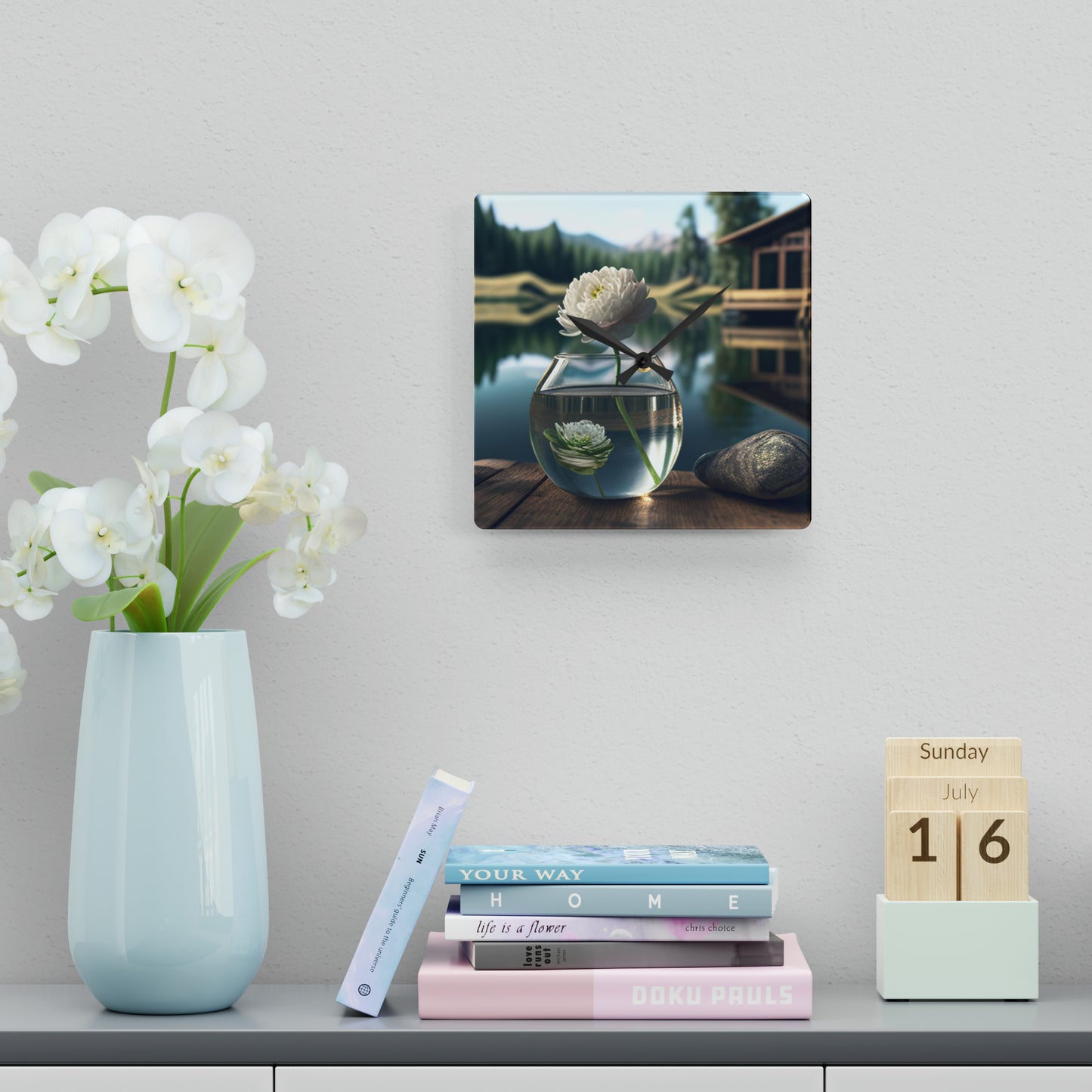 Acrylic Wall Clock White Peony glass vase 2