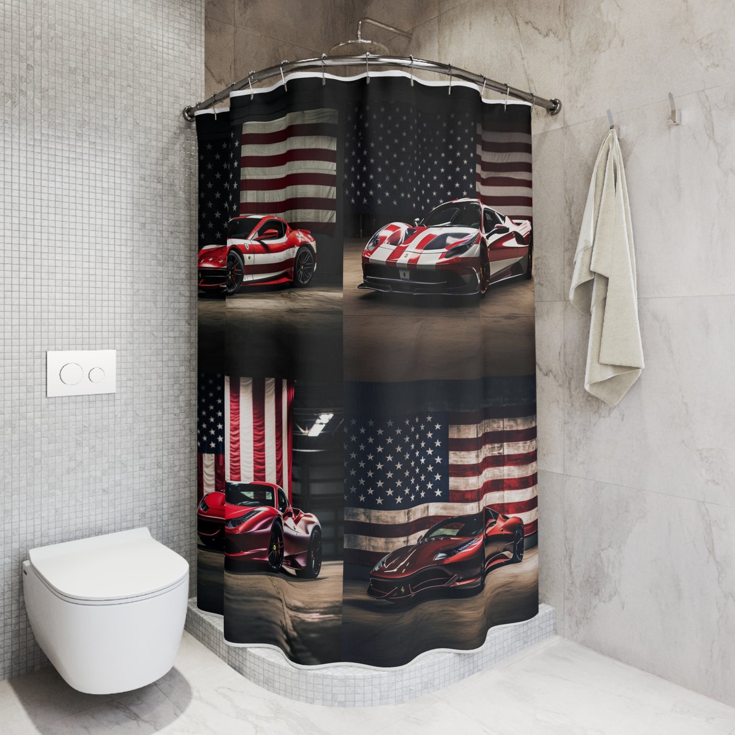 Polyester Shower Curtain American Flag Background Ferrari 5