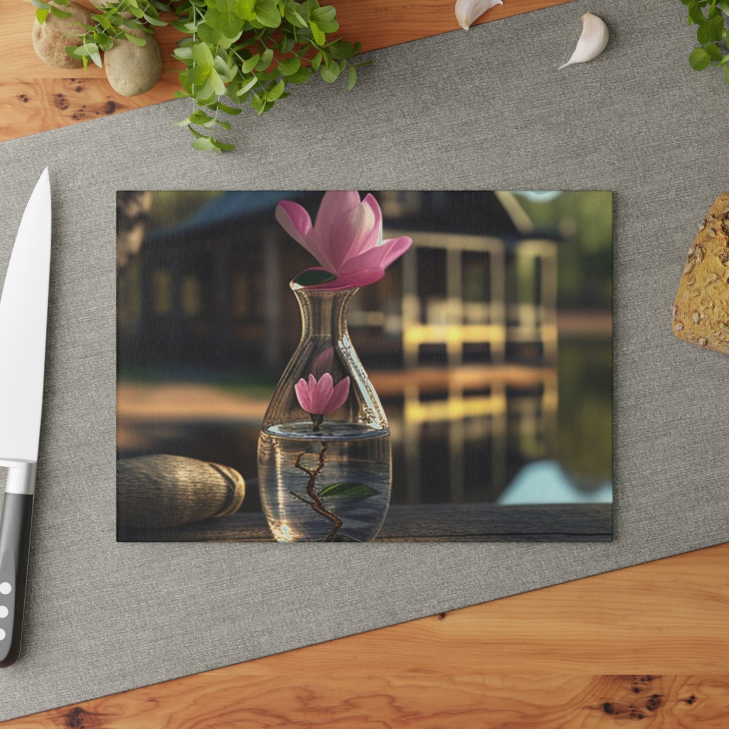 Glass Cutting Board Magnolia in a Glass vase 4