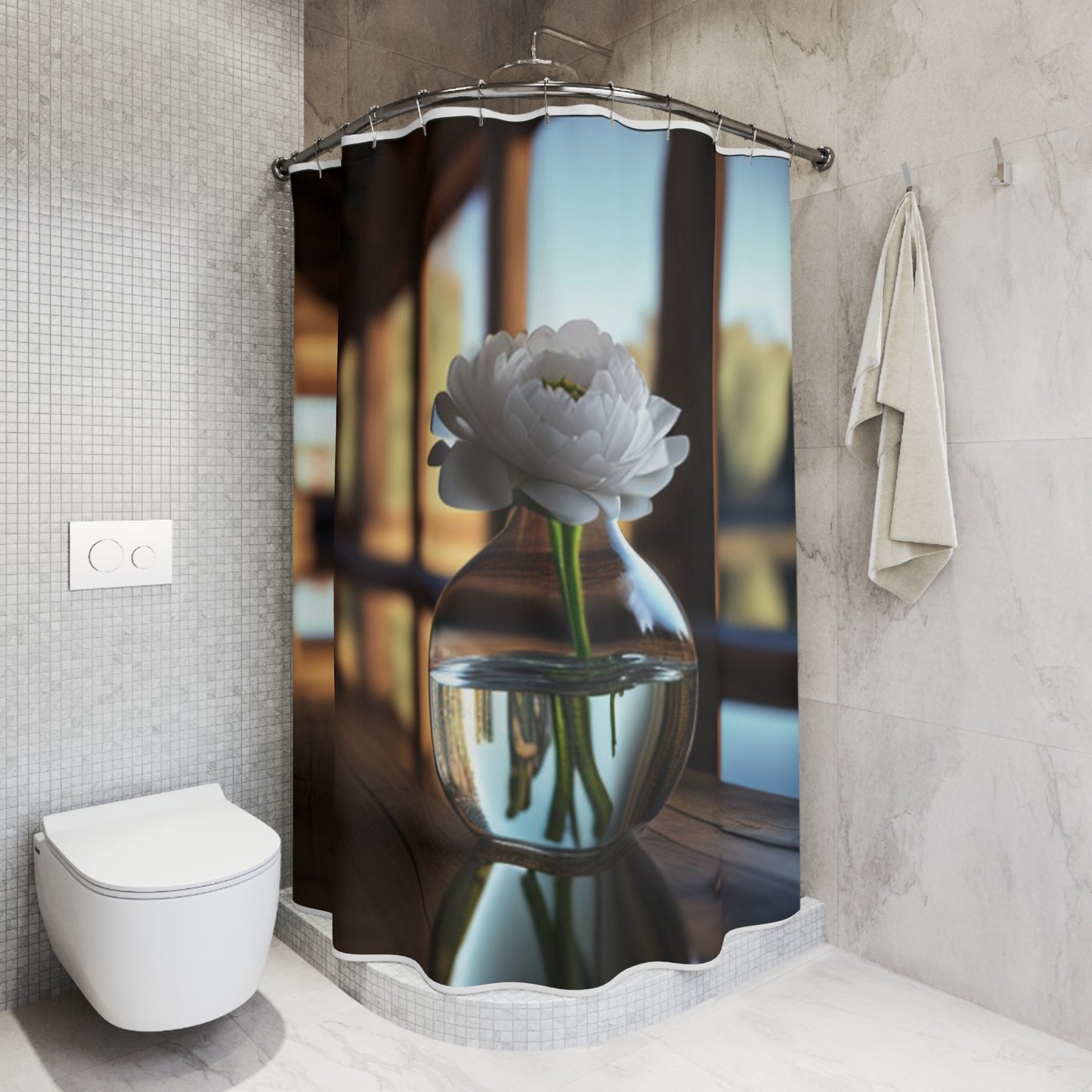 Polyester Shower Curtain White Peony glass vase 3