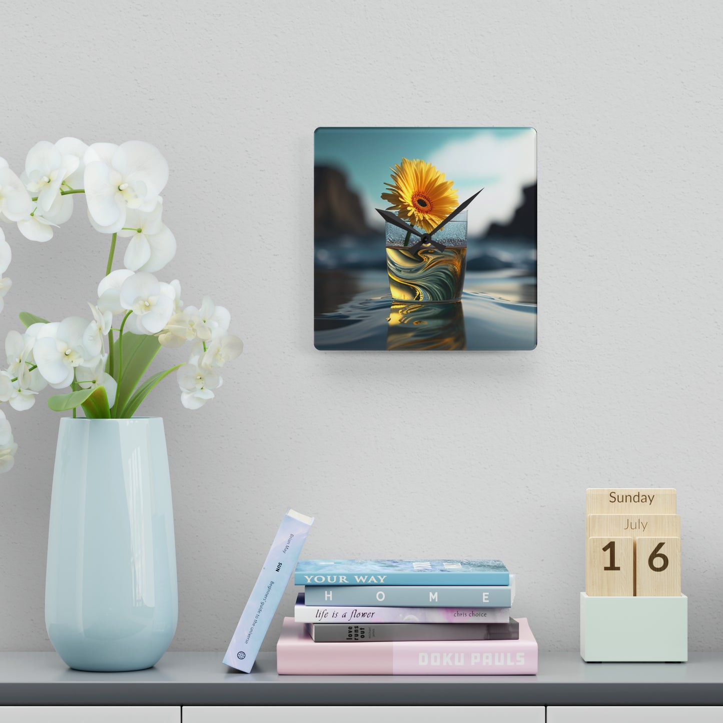 Acrylic Wall Clock yello Gerbera glass 2