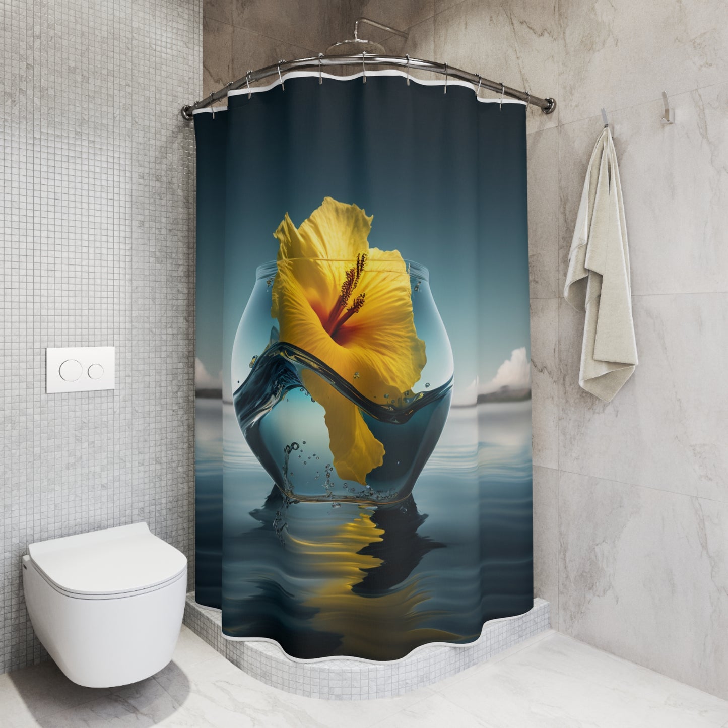 Polyester Shower Curtain Yellow Hibiscus glass 4