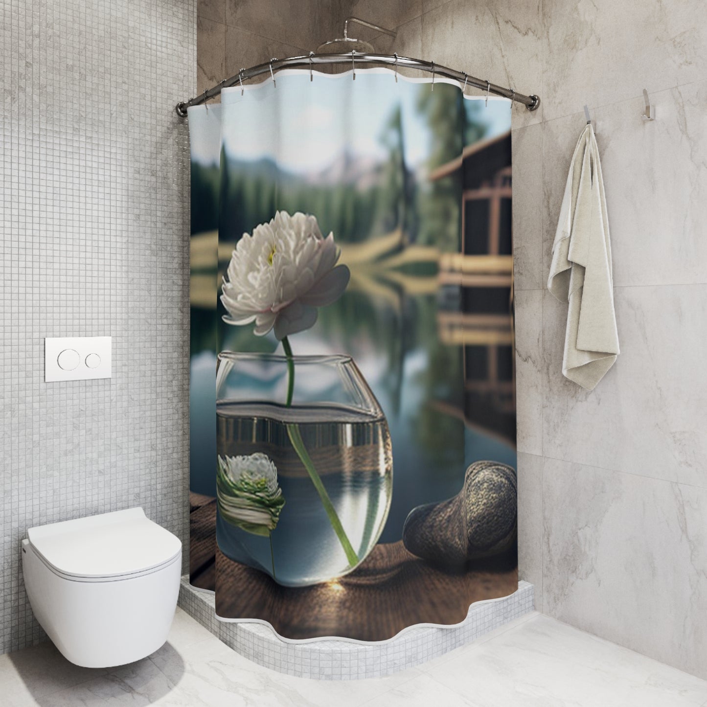 Polyester Shower Curtain White Peony glass vase 2