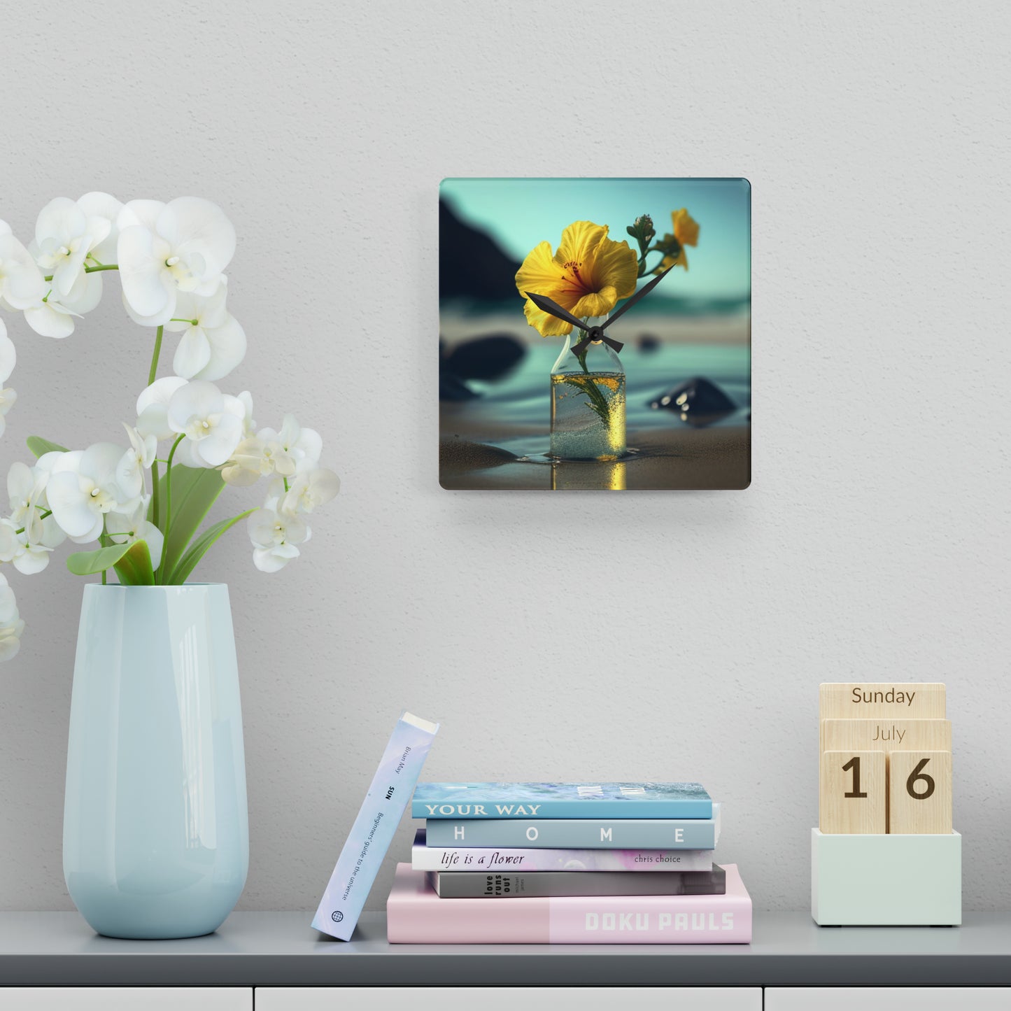 Acrylic Wall Clock Yellow Hibiscus glass 3