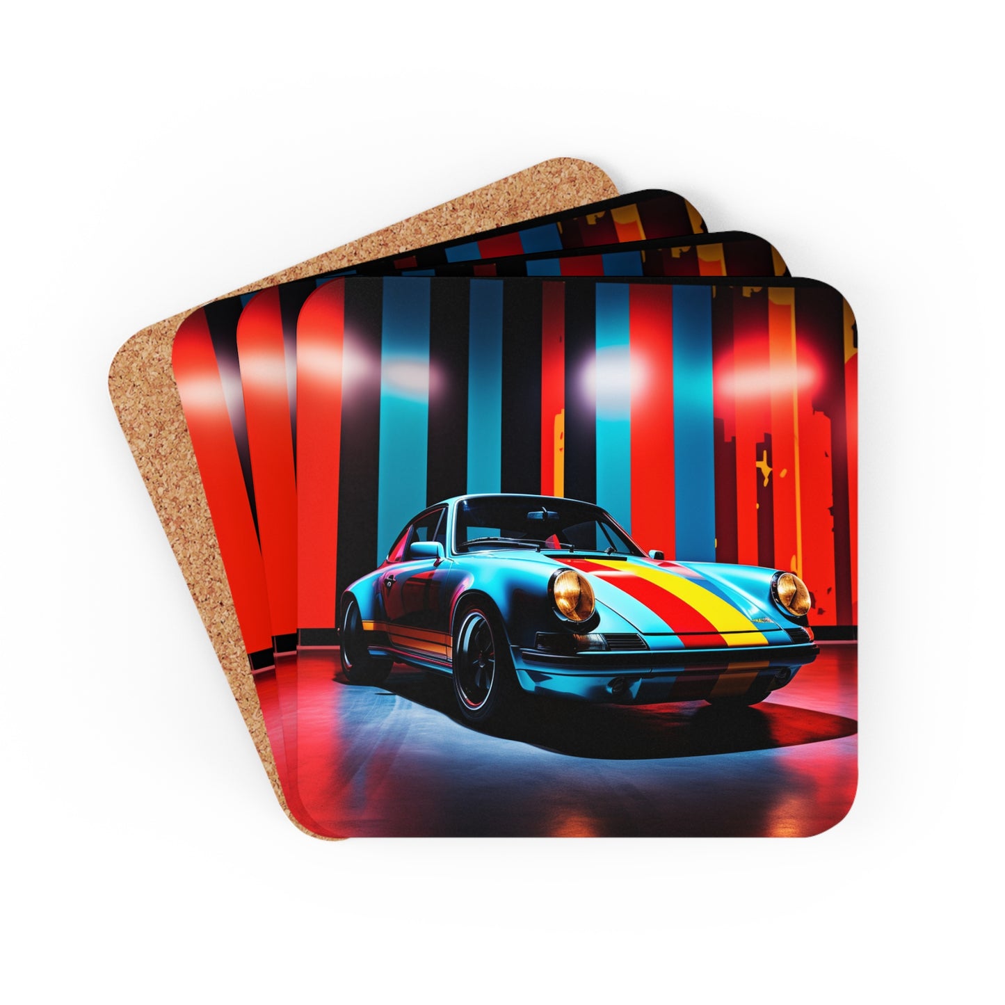 Corkwood Coaster Set Macro American Flag Porsche 3