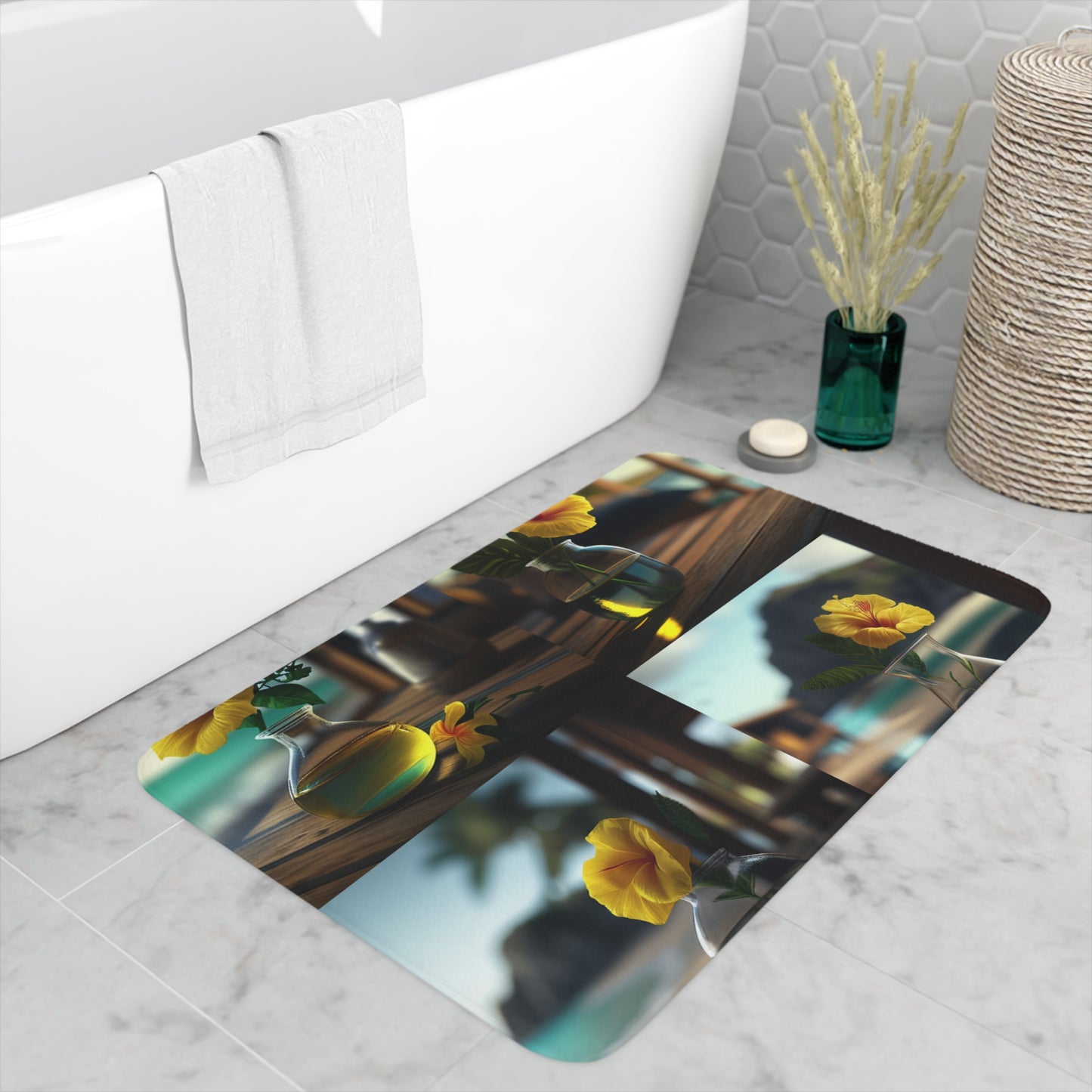 Memory Foam Bath Mat Yellow Hibiscus Wood 5