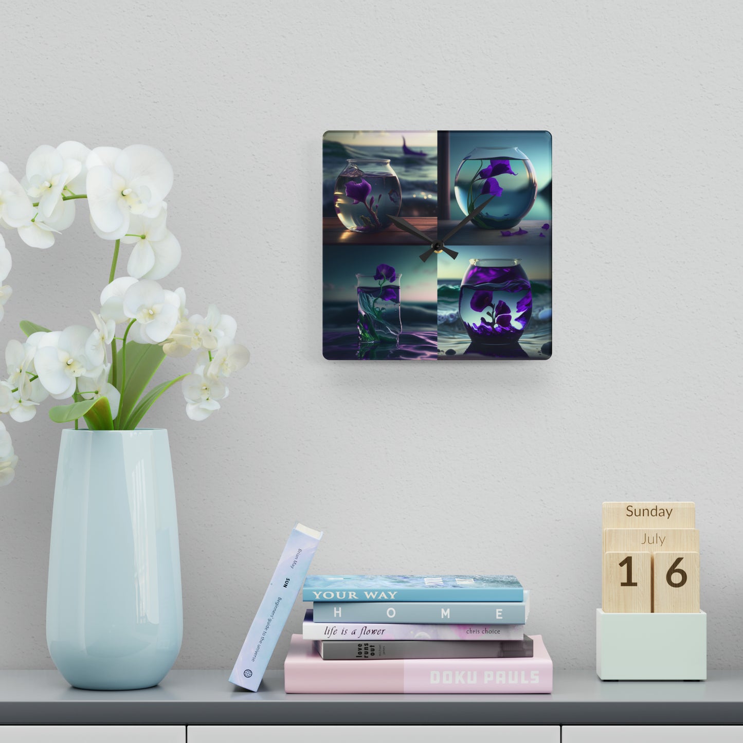 Acrylic Wall Clock Purple Sweet pea in a vase 5