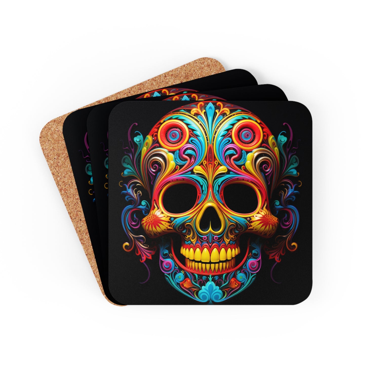 Corkwood Coaster Set Macro Skull Color 1