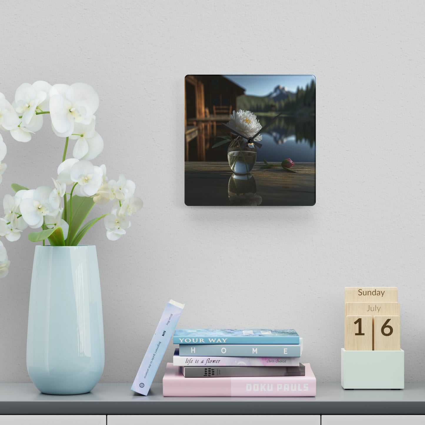 Acrylic Wall Clock White Peony glass vase 4
